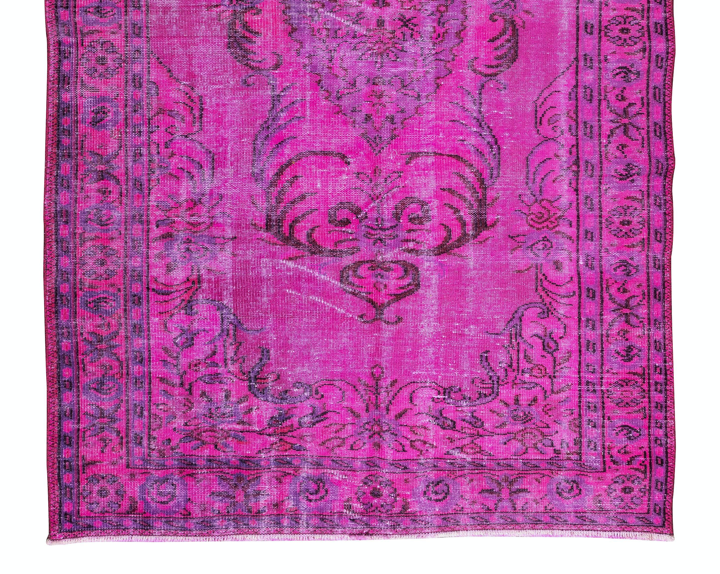 Vintage Handmade Turkish Wool Area Rug Over-Dyed in Fuchsia Pink In Good Condition For Sale In Philadelphia, PA