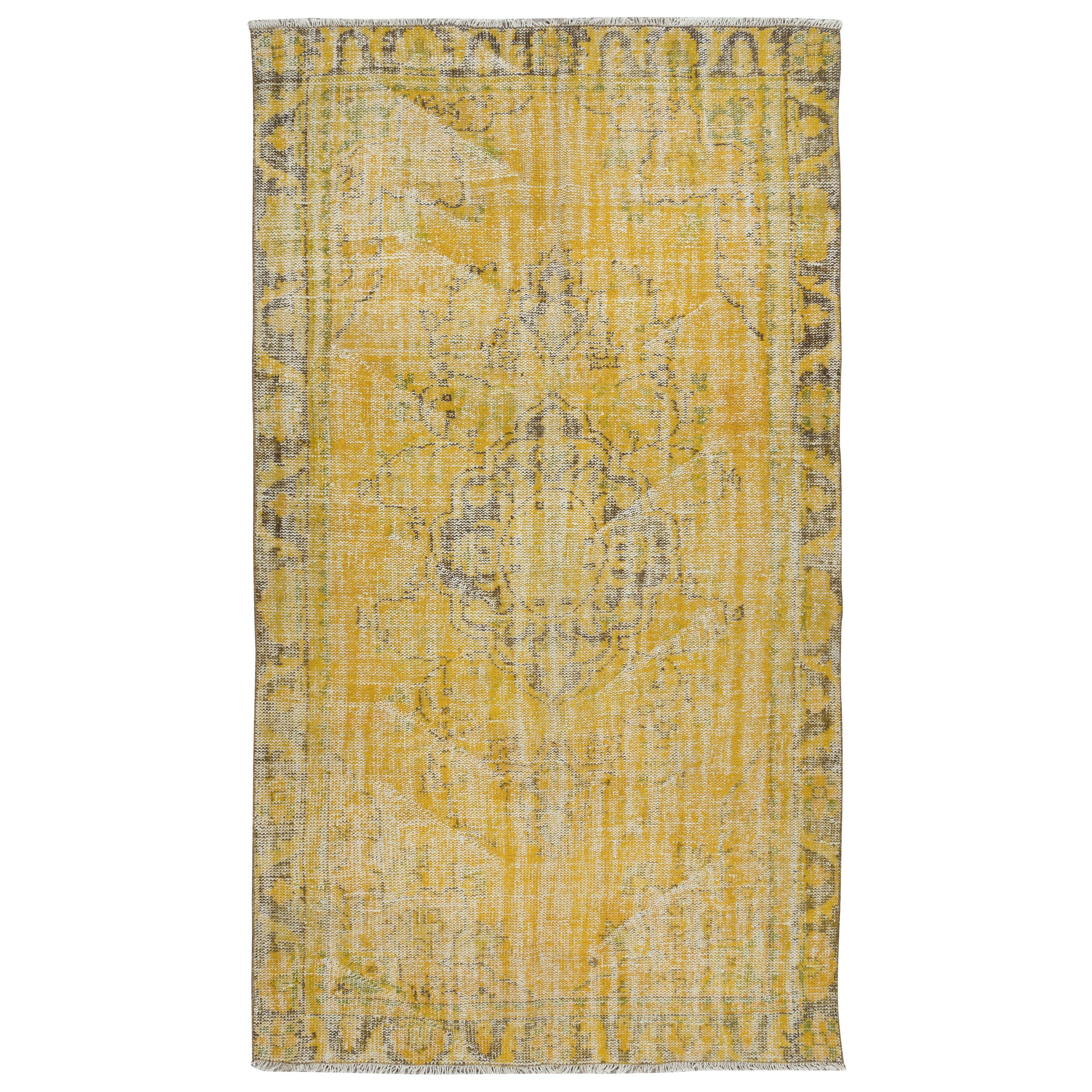 Tappeto d'area giallo 5.7x9.6 Ft dalla Turchia, annodato a mano in lana contemporanea