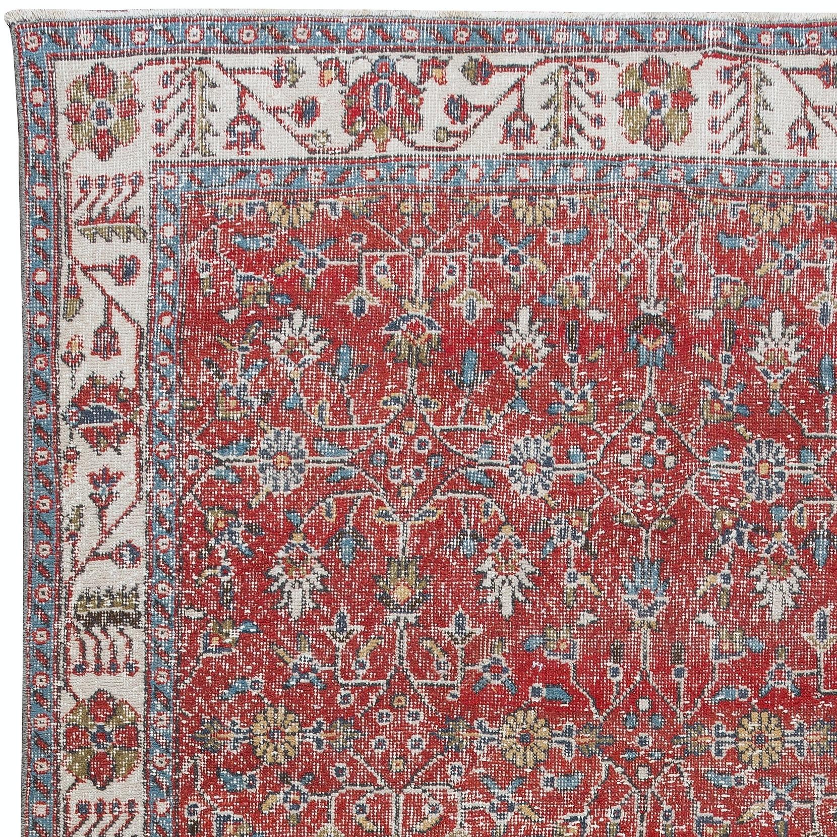 Turkish 5.7x9.7 Ft Vintage Floral Hand Knotted Anatolian Wool Area Rug in Red & Beige For Sale