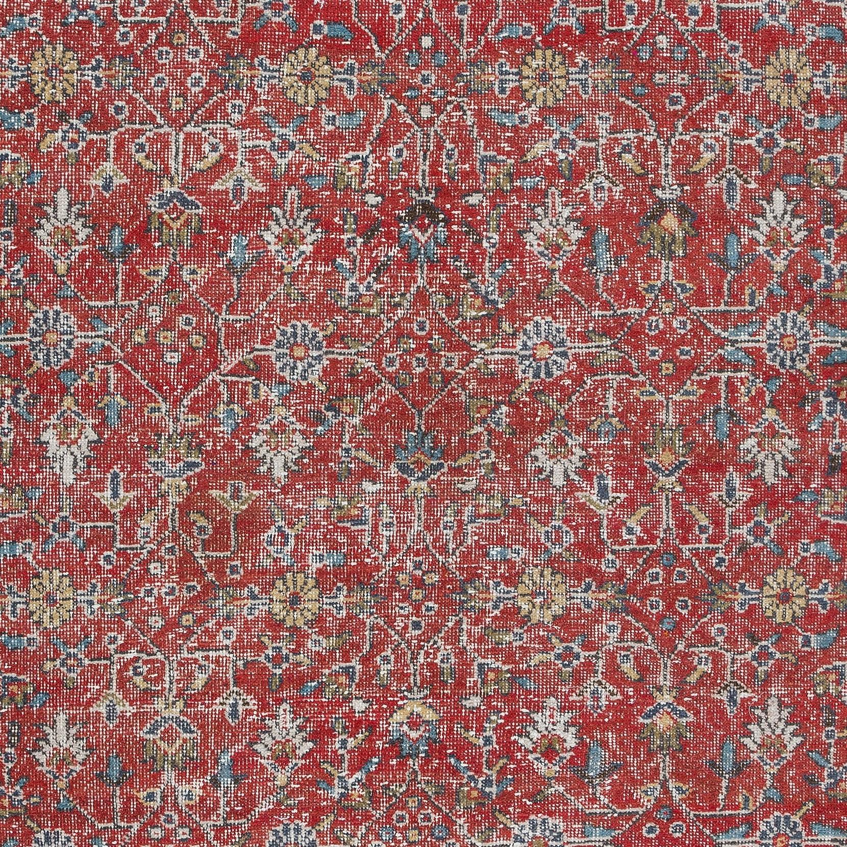Hand-Woven 5.7x9.7 Ft Vintage Floral Hand Knotted Anatolian Wool Area Rug in Red & Beige For Sale
