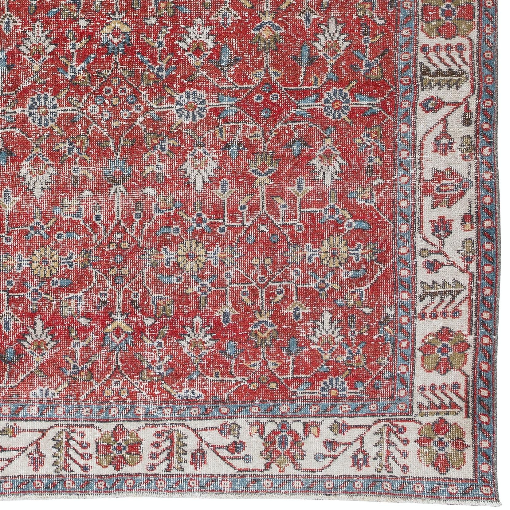 5.7x9.7 Ft Vintage Floral Hand Knotted Anatolian Wool Area Rug in Red & Beige In Good Condition For Sale In Philadelphia, PA