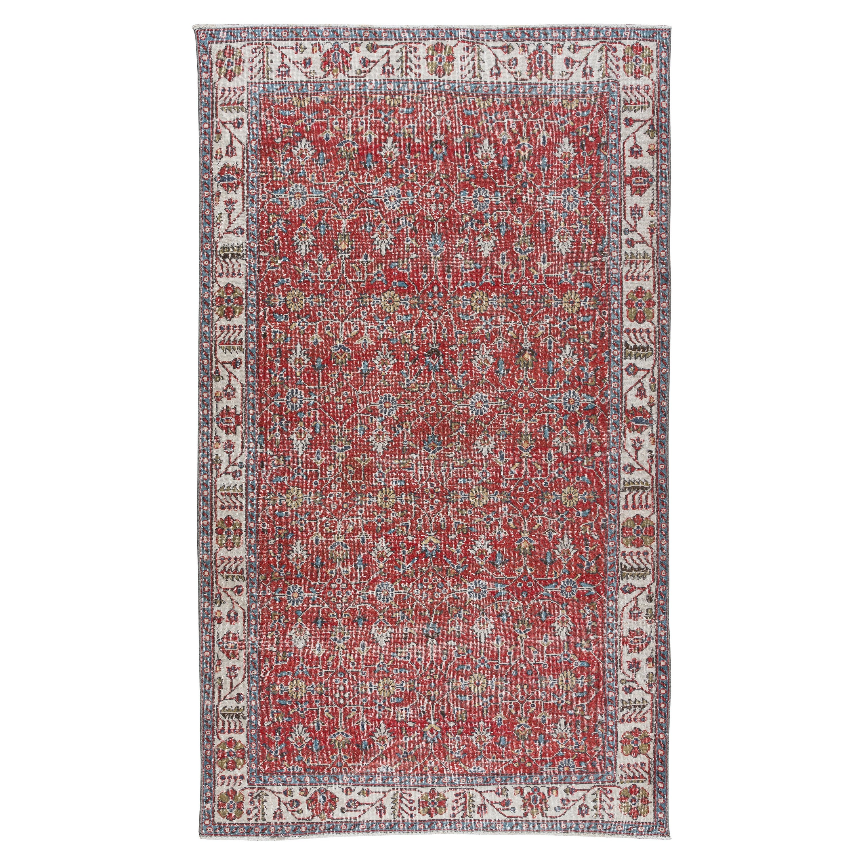 Tappeto vintage floreale in lana anatolica annodato a mano 5.7x9.7 Ft in rosso e beige