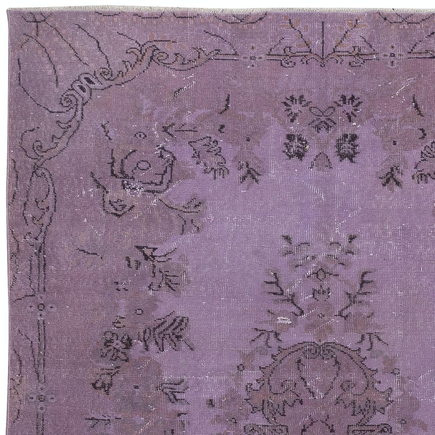 Hand-Knotted 5.7x9.7 Ft Vintage Turkish Area Rug redyed in Purple Color for modern interiors For Sale