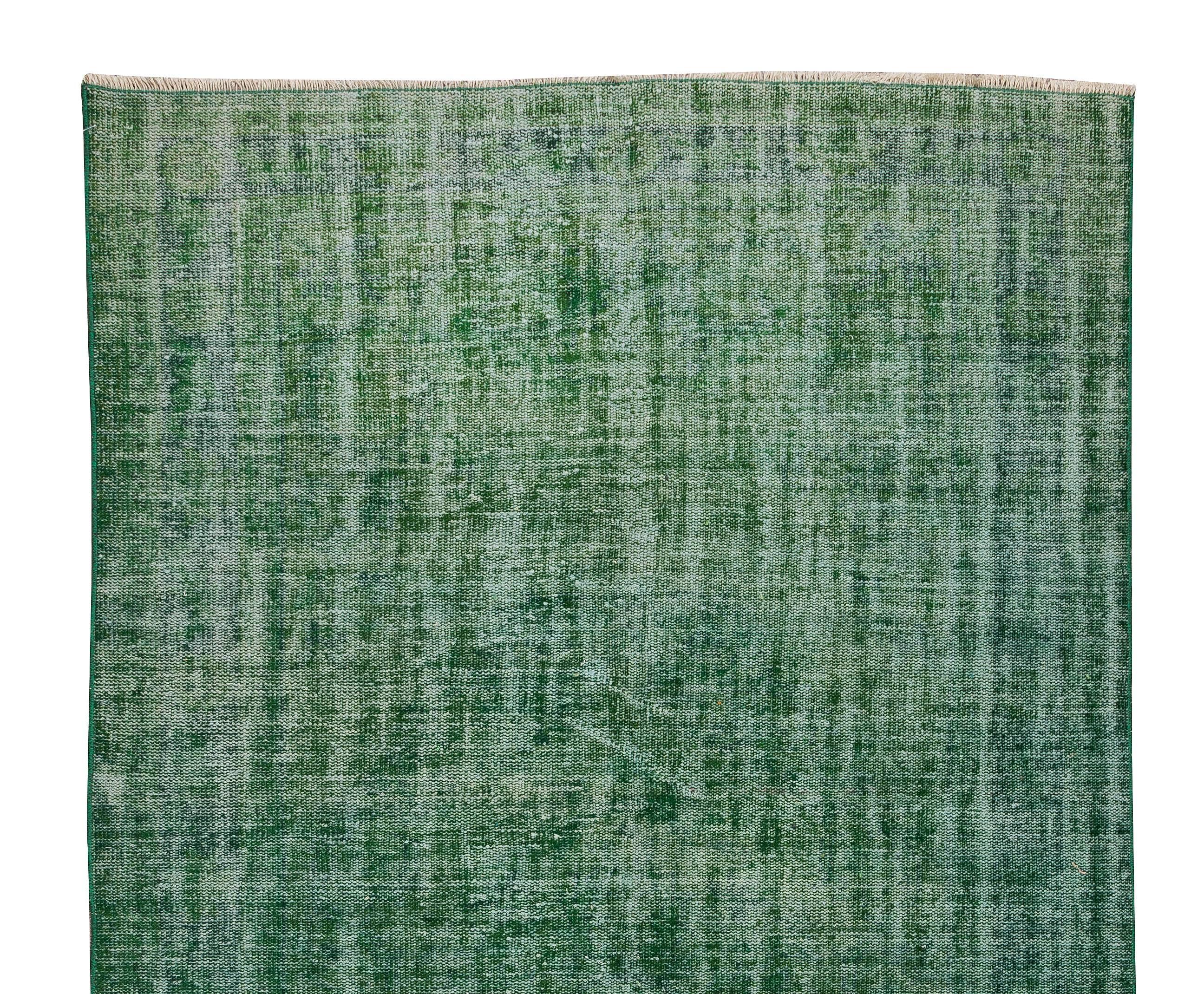 Hand-Knotted 5.7x9.8 Ft Handmade Vintage Turkish Rug, Plain Green Contemporary Wool Carpet For Sale