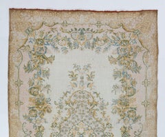 5.7x9.8 Ft Vintage Distressed Turkish Floral Wool Rug in Beige and Soft Blue