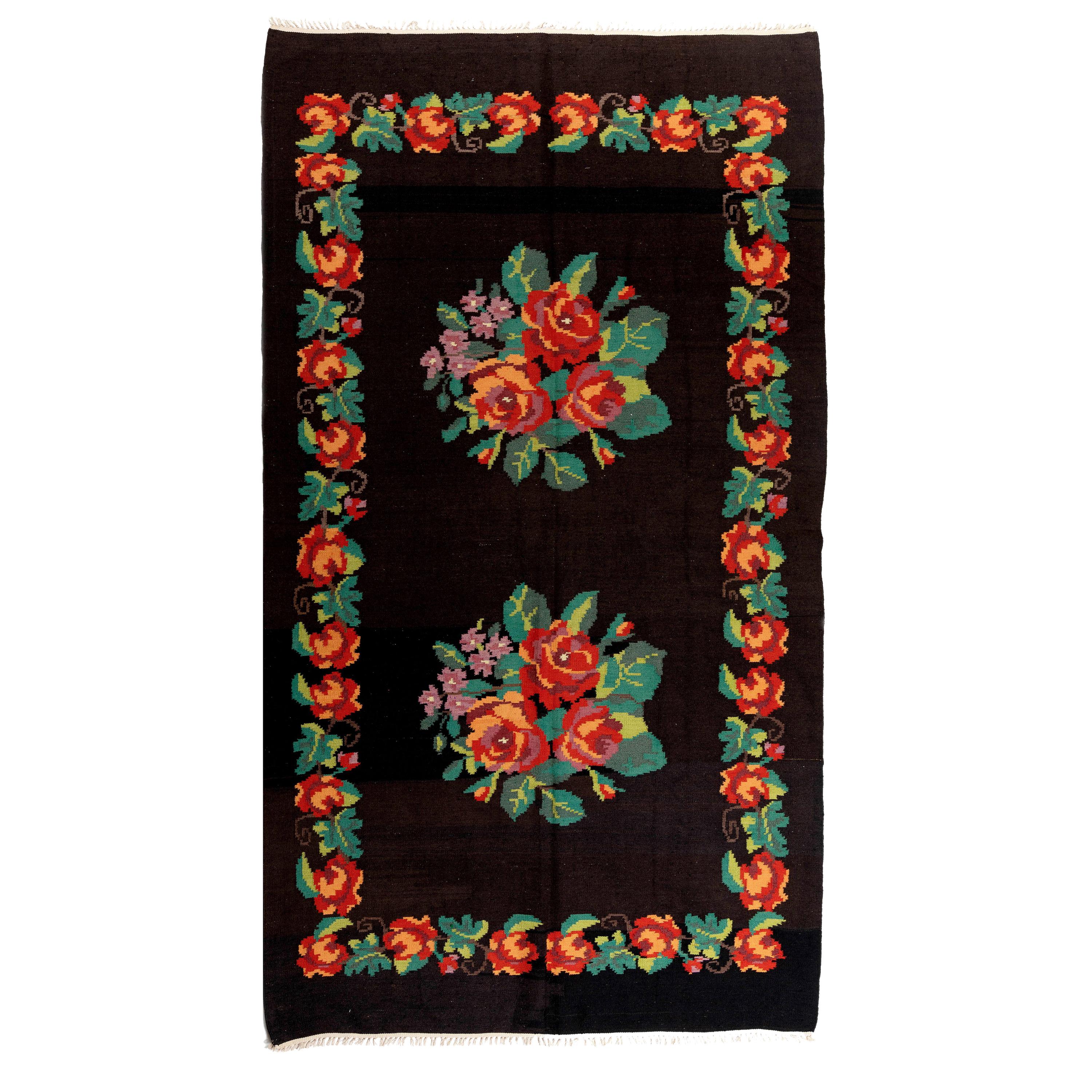 5.7x9.9 Ft Vintage Bessarabian Kilim, Floral Handwoven Wool Rug from Moldova