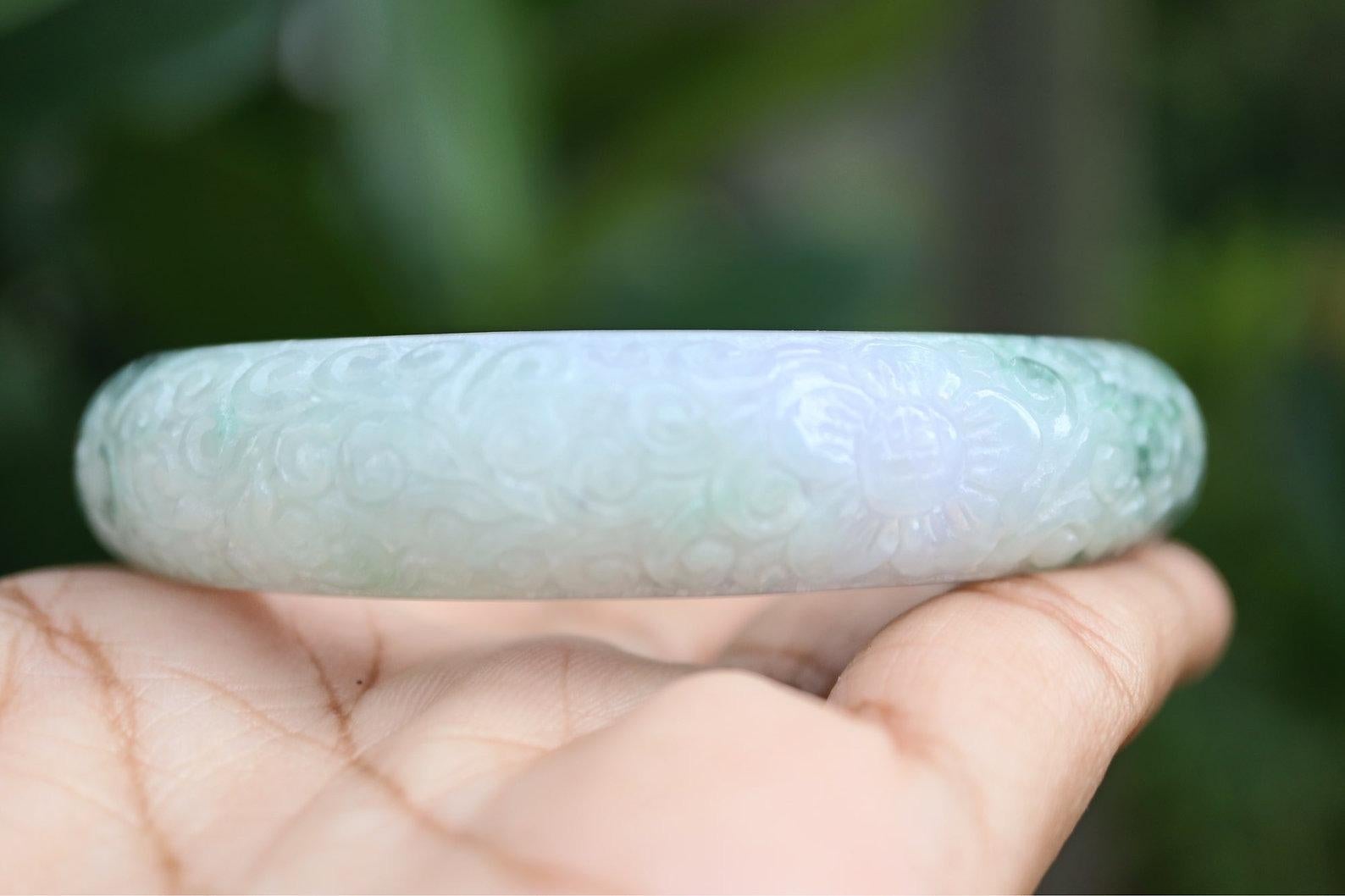 58-60mm Type A Jadeite Jade Bangle (Jadeite Carved Bangle) In New Condition For Sale In Singapore, SG