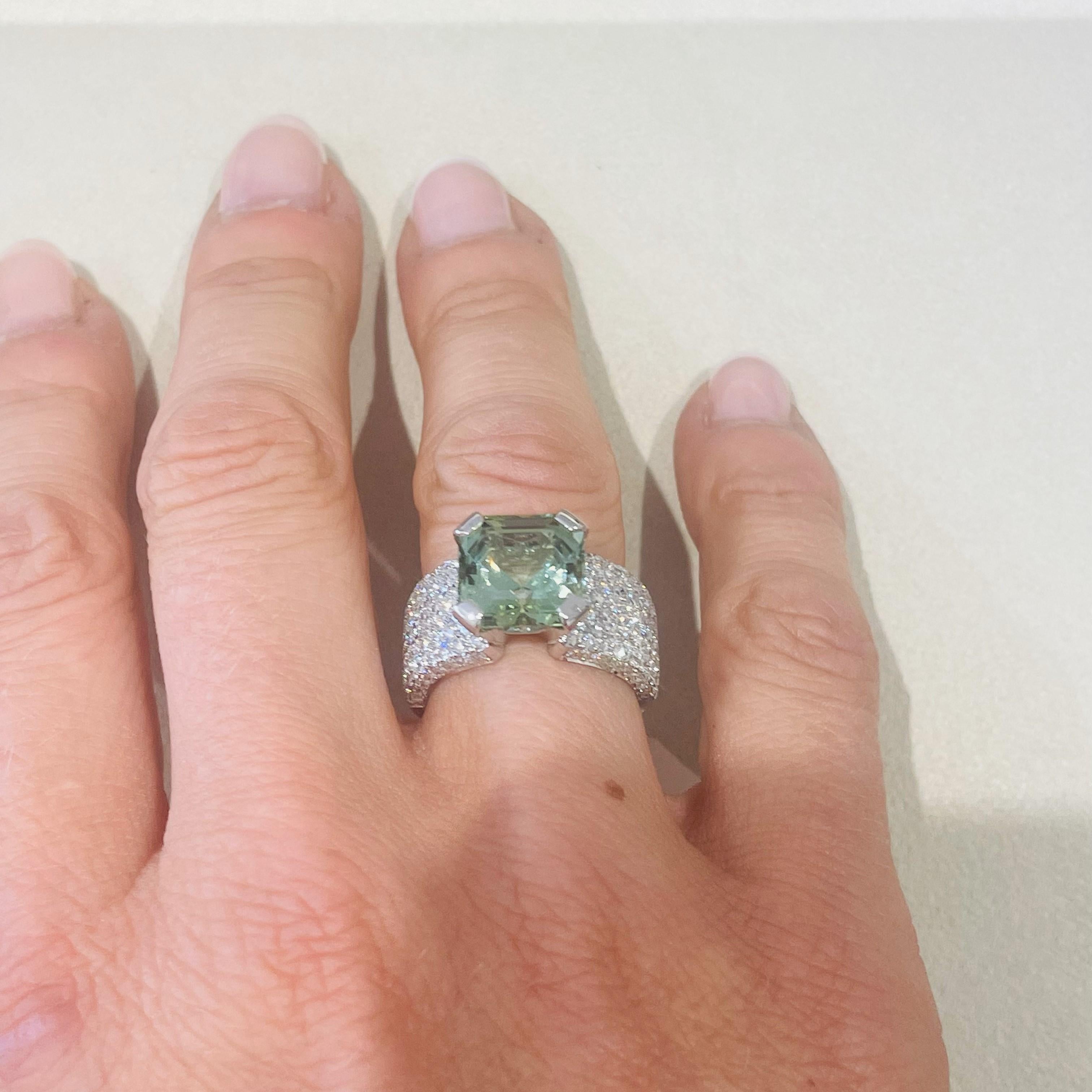 5.8 Carat Asscher Cut Tourmaline Diamond 18 Karat White Gold Cocktail Ring  In New Condition For Sale In GENT, BE