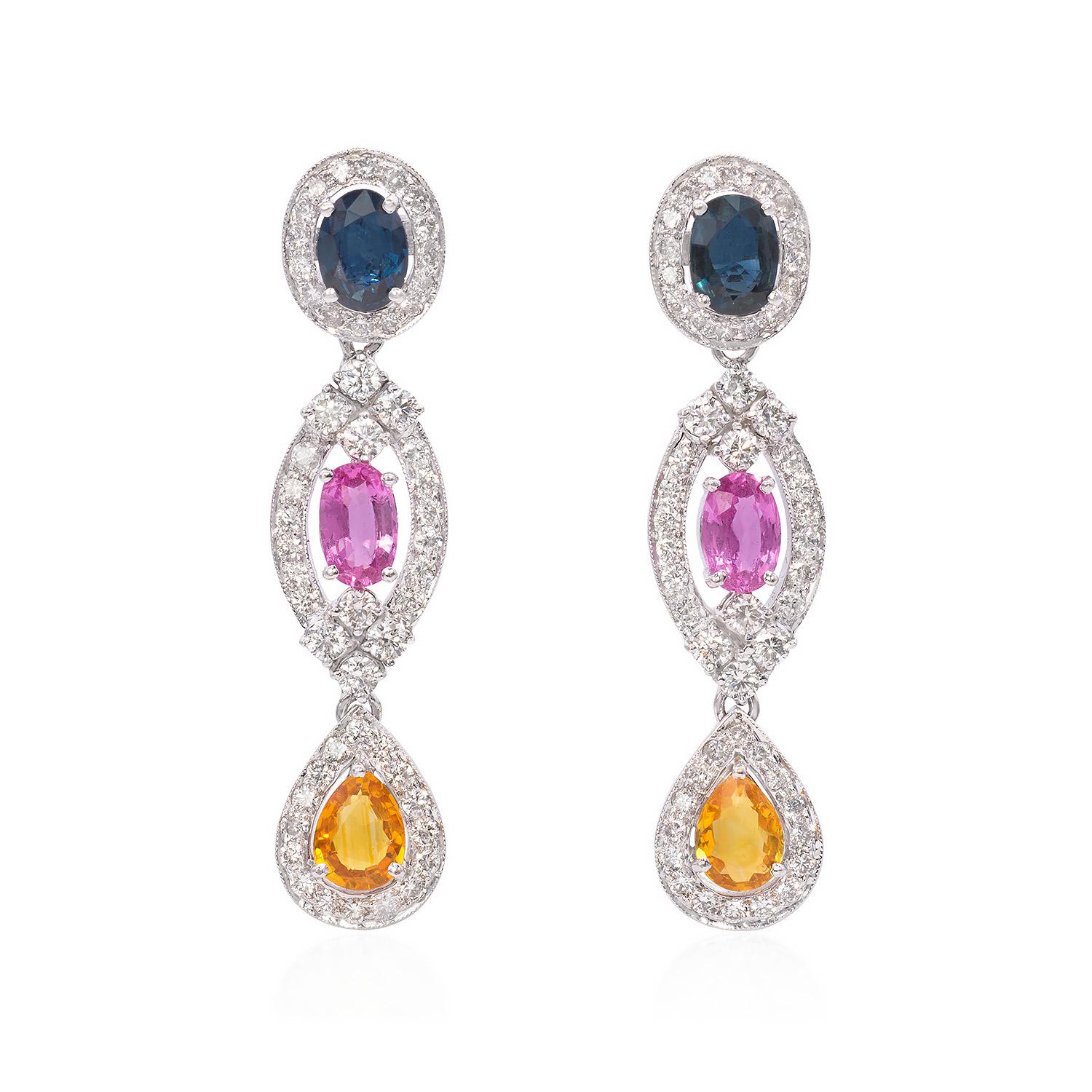 Modern 58 Carat Blue Pink and Yellow Sapphire and 22.92 Carat Diamond Necklace Set For Sale