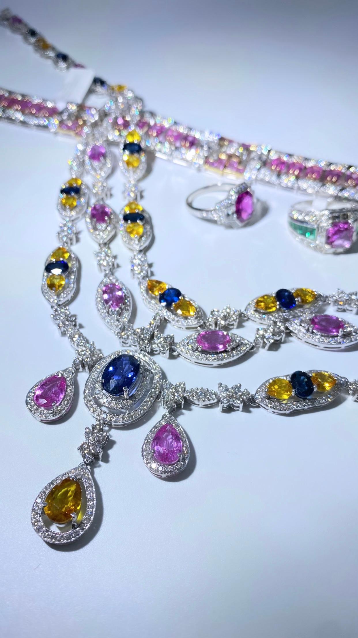 Round Cut 58 Carat Blue Pink and Yellow Sapphire and 22.92 Carat Diamond Necklace Set For Sale