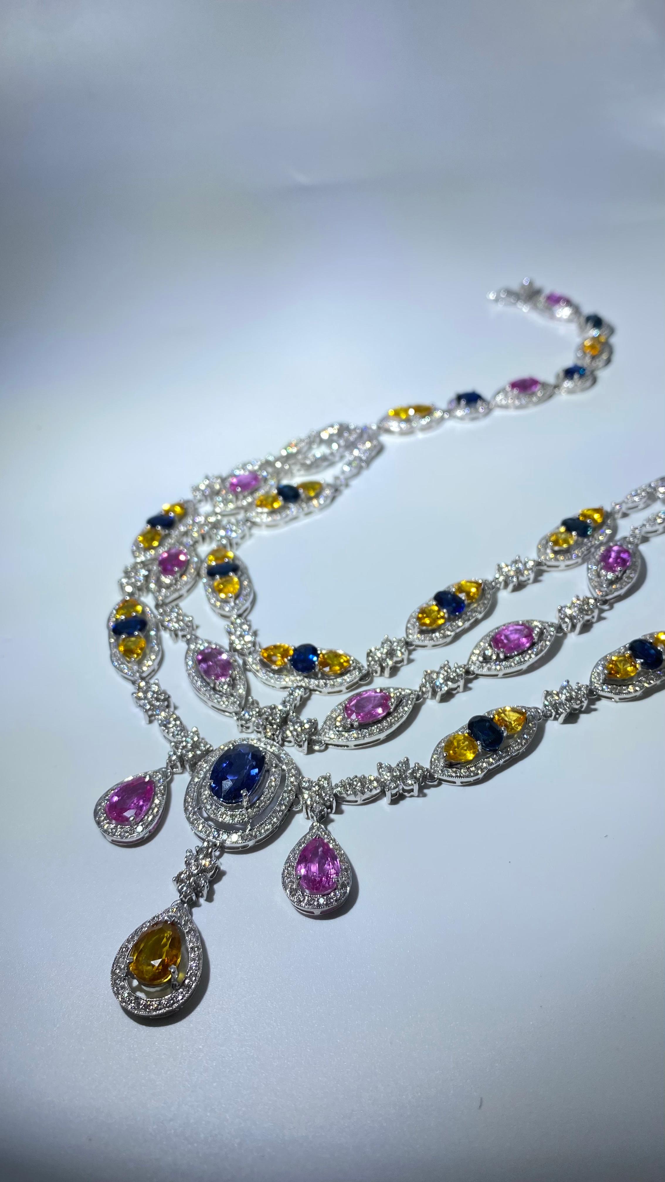 58 Carat Blue Pink and Yellow Sapphire and 22.92 Carat Diamond Necklace Set In New Condition For Sale In New York, NY