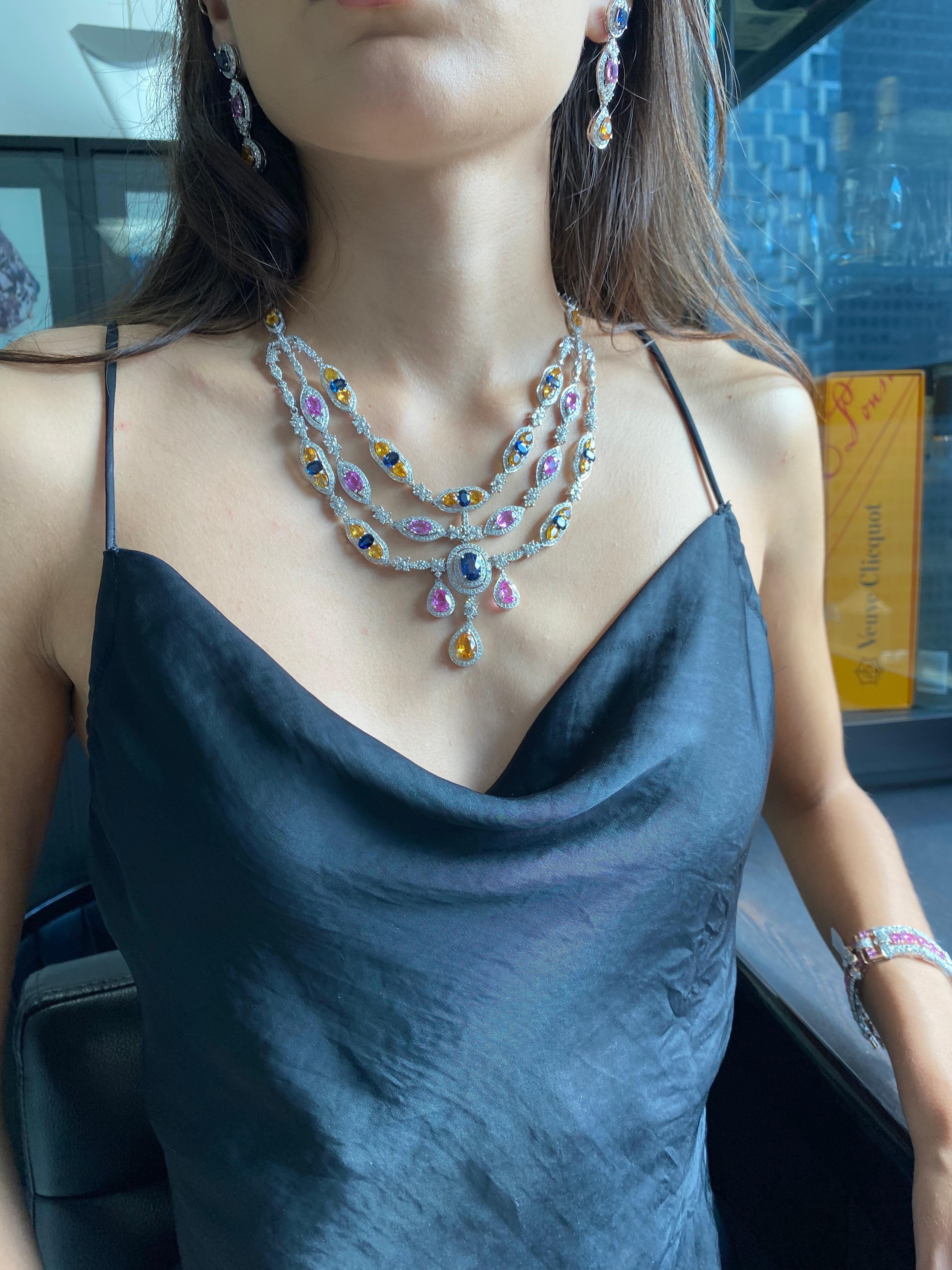 58 Carat Blue Pink and Yellow Sapphire and 22.92 Carat Diamond Necklace Set For Sale 1