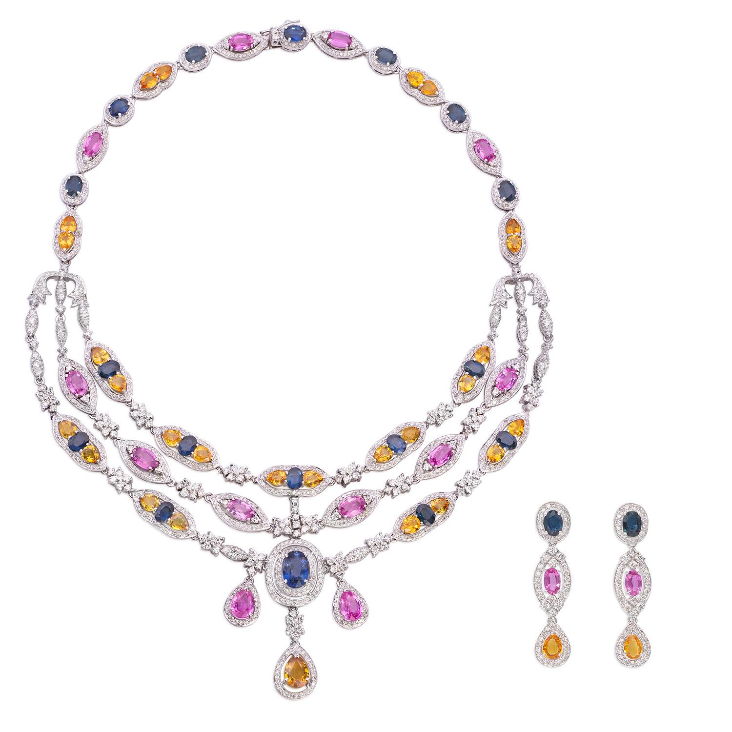 58 Carat Blue Pink and Yellow Sapphire and 22.92 Carat Diamond Necklace Set For Sale 2