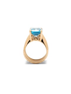 5.8 Carat Emerald Cut Blue Topaz 14k Yellow Gold Band Ring