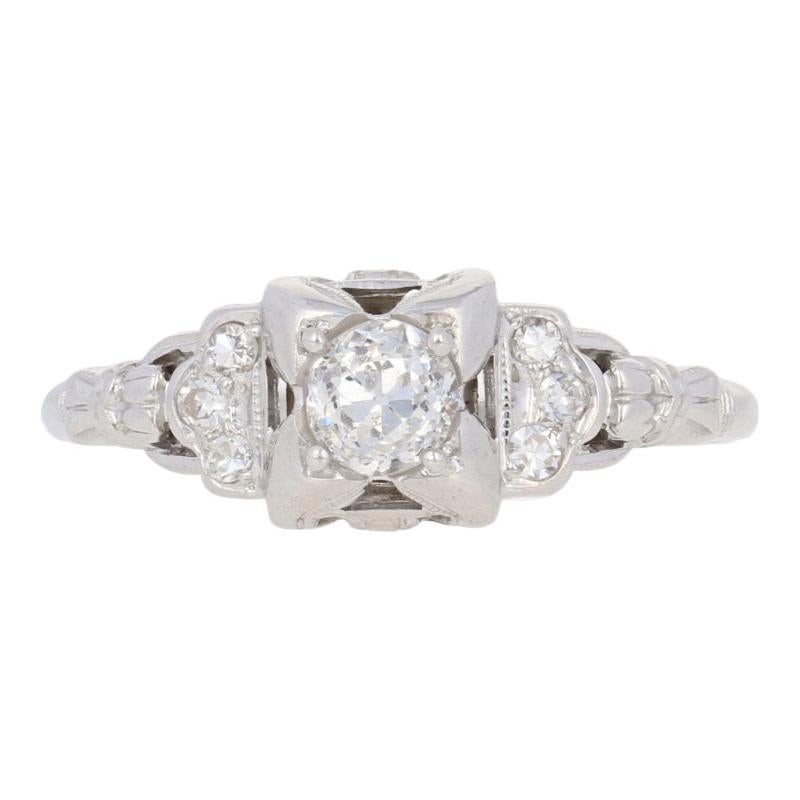 .58 Carat European Cut Diamond Art Deco Ring, 18 Karat White Gold Vintage
