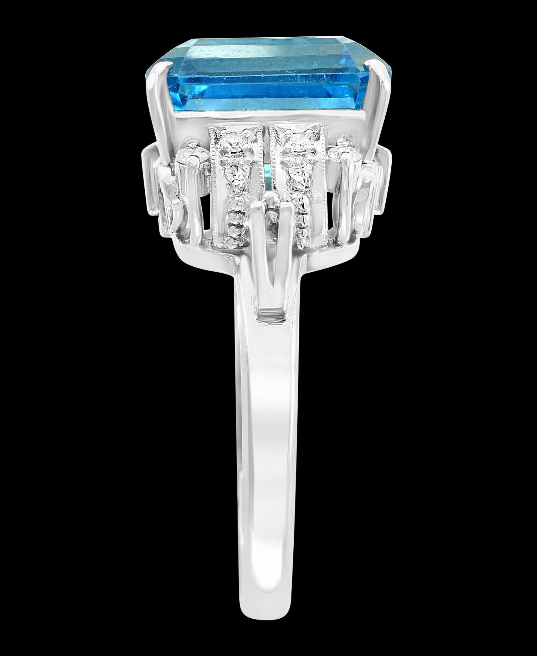A classic, High Quality Blue Topaz
5.8  Carat of very clean no inclusion   natural Blue Topaz  and Diamond Ring
Platinum 10 gm
Diamonds : 0.10 Carats
It’s very hard to capture the true color and luster of the stone, I have tried to add pictures