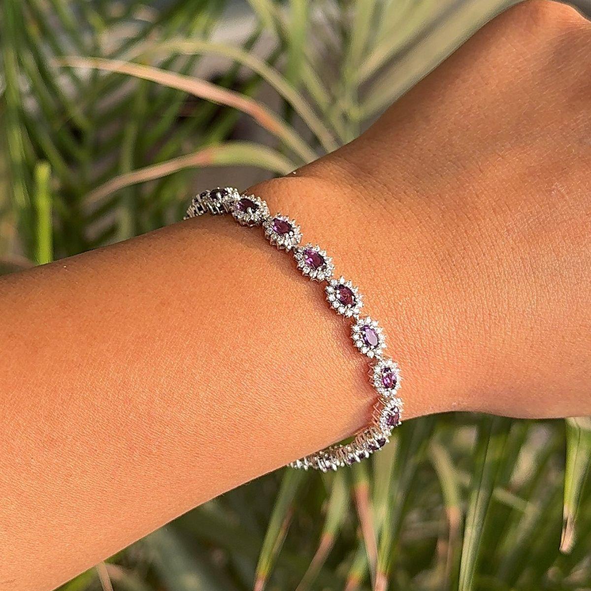 Amethyst 5.8 Carat Halo CZ Tennis Wedding Bracelet in sterling silver. You shall need statement tennis bracelet to make a statement with your look. Each piece features dazzling cubic zirconia stones, renowned for their brilliance and clarity, set in