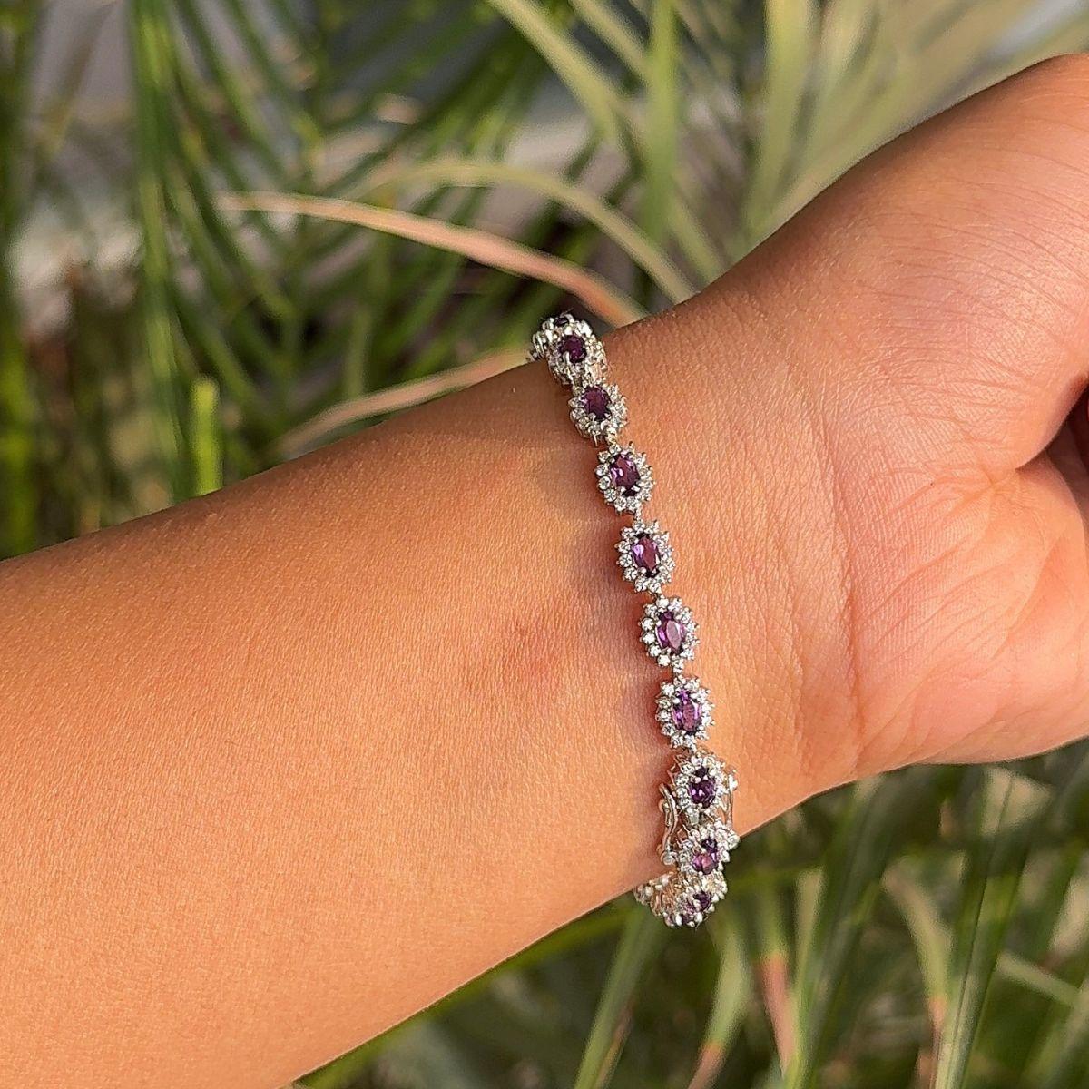 Women's Amethyst 5.8 Carat Halo CZ Tennis Wedding Bracelet in 925 Silver Jewelry for Her For Sale