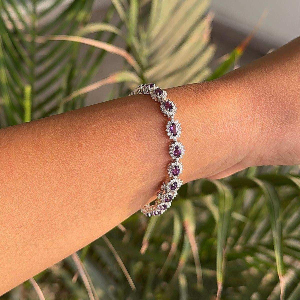 Amethyst 5.8 Carat Halo CZ Tennis Wedding Bracelet in 925 Silver Jewelry for Her For Sale 2