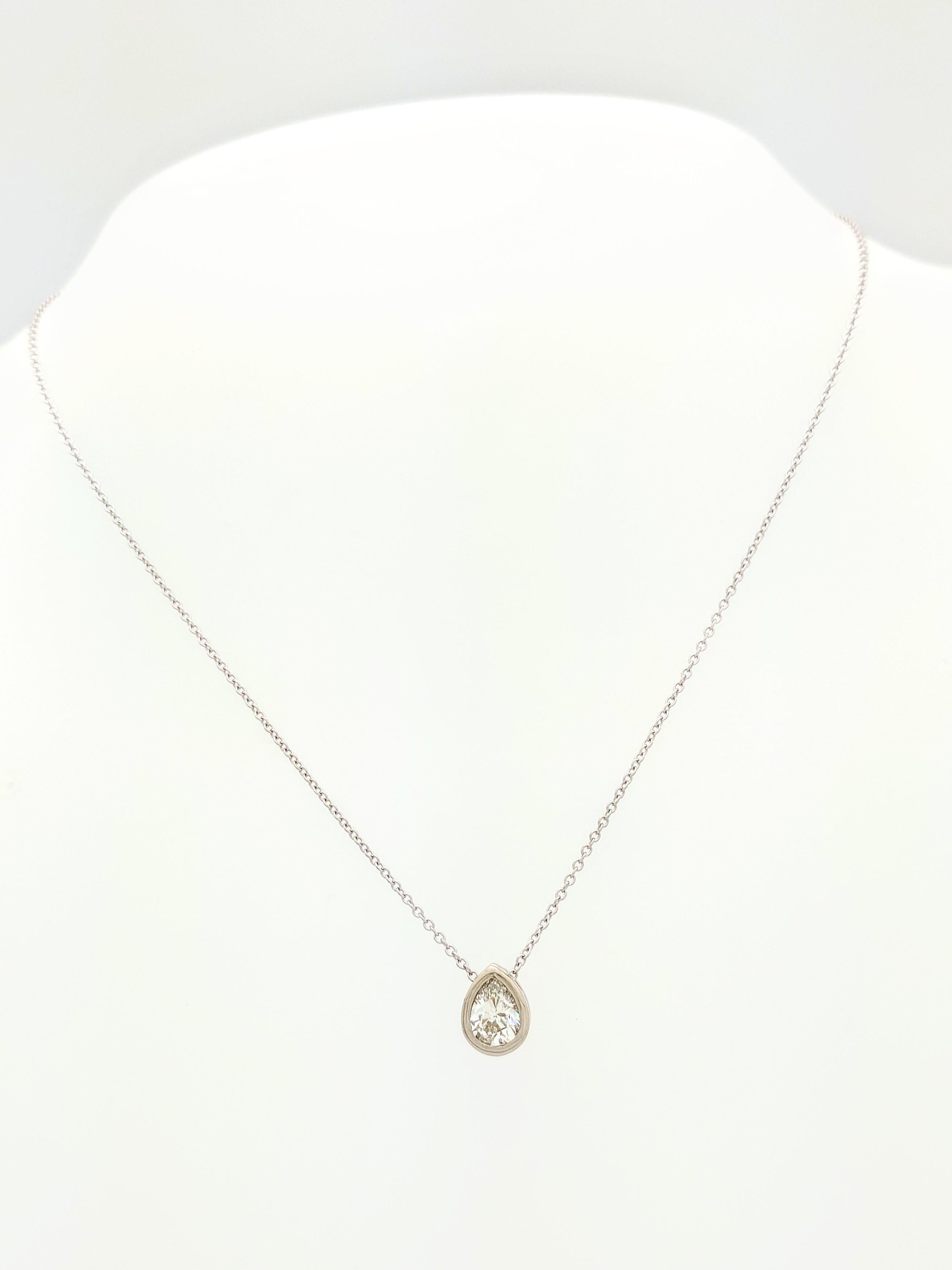 Contemporary .58 Carat Natural Pear Diamond Bezel Set in 14 Karat White Gold Necklace SI1/H