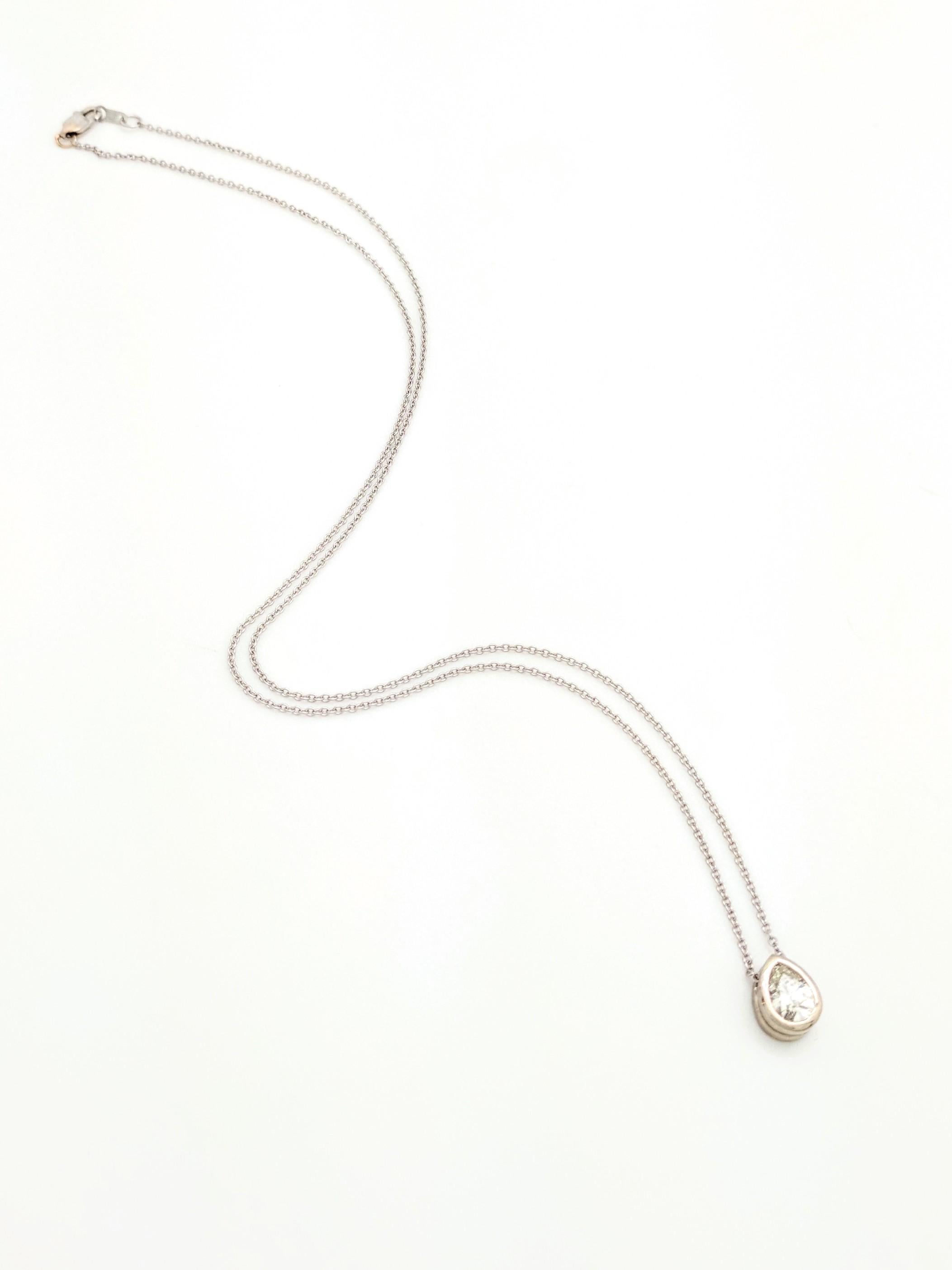 Women's .58 Carat Natural Pear Diamond Bezel Set in 14 Karat White Gold Necklace SI1/H