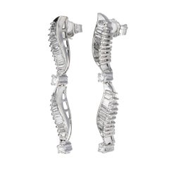 .58 Carat Round Baguette Diamond White Gold Dangle Drop Earrings