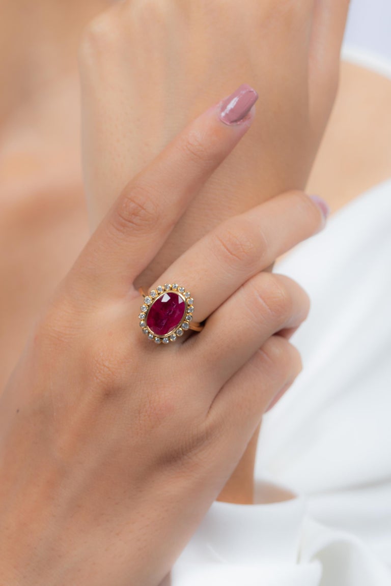 For Sale:  5.8 Carat Ruby Cocktail Ring in 18K Yellow Gold with Diamonds 7