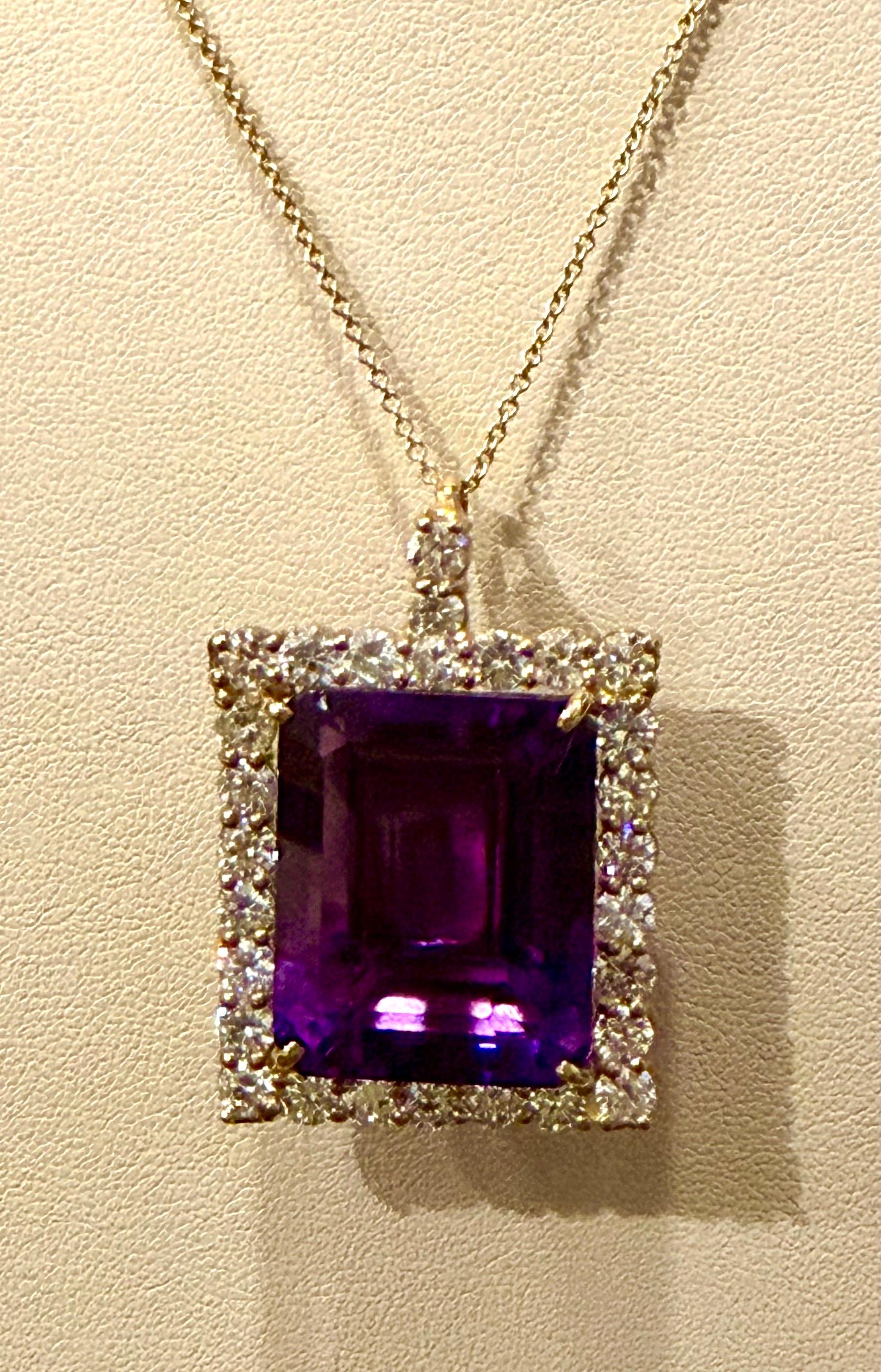 58 Ct Emerald Cut  Collier pendentif améthyste et diamant 7 ct or 14KY + chaîne en vente 5