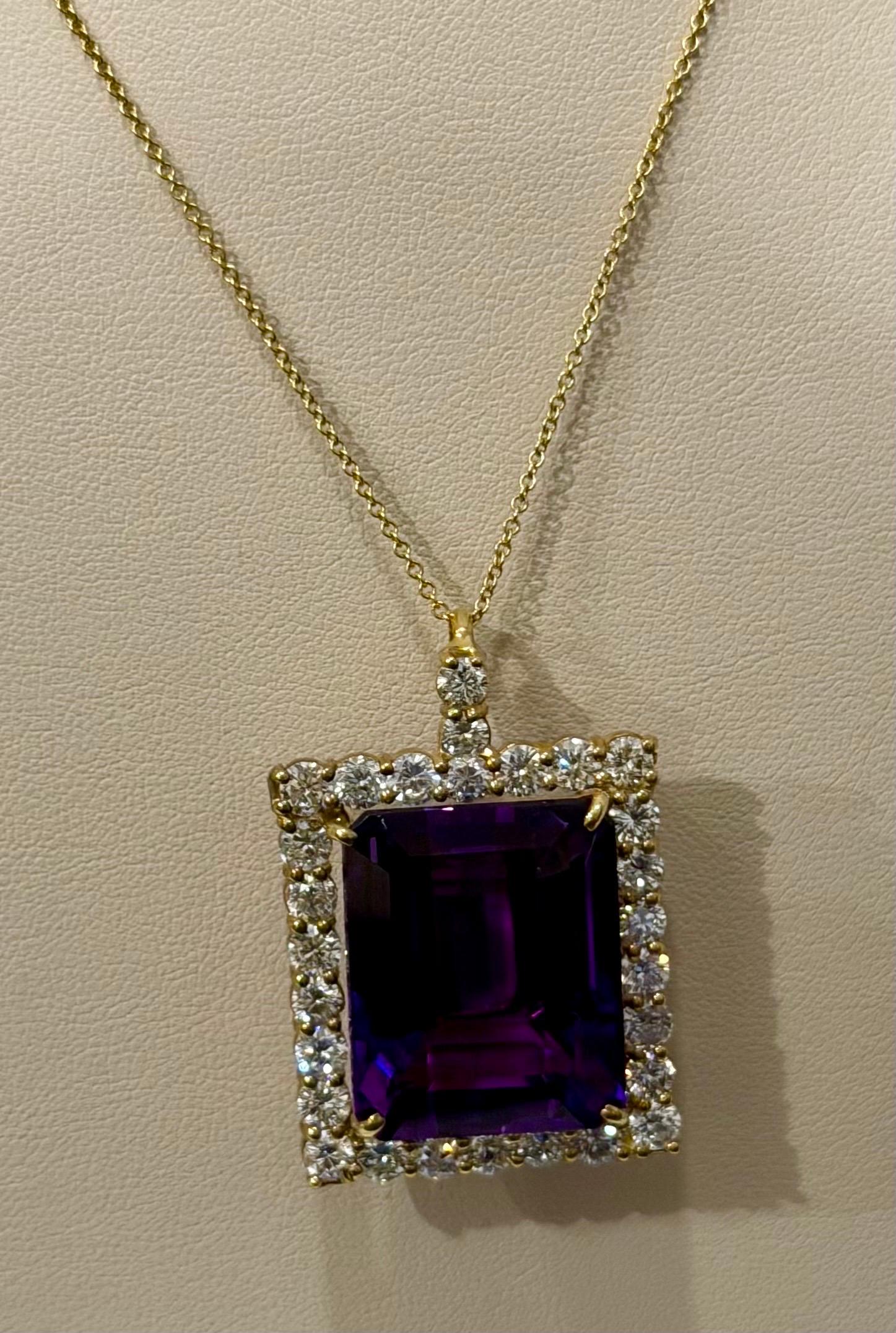 58 Ct Emerald Cut  Collier pendentif améthyste et diamant 7 ct or 14KY + chaîne en vente 6