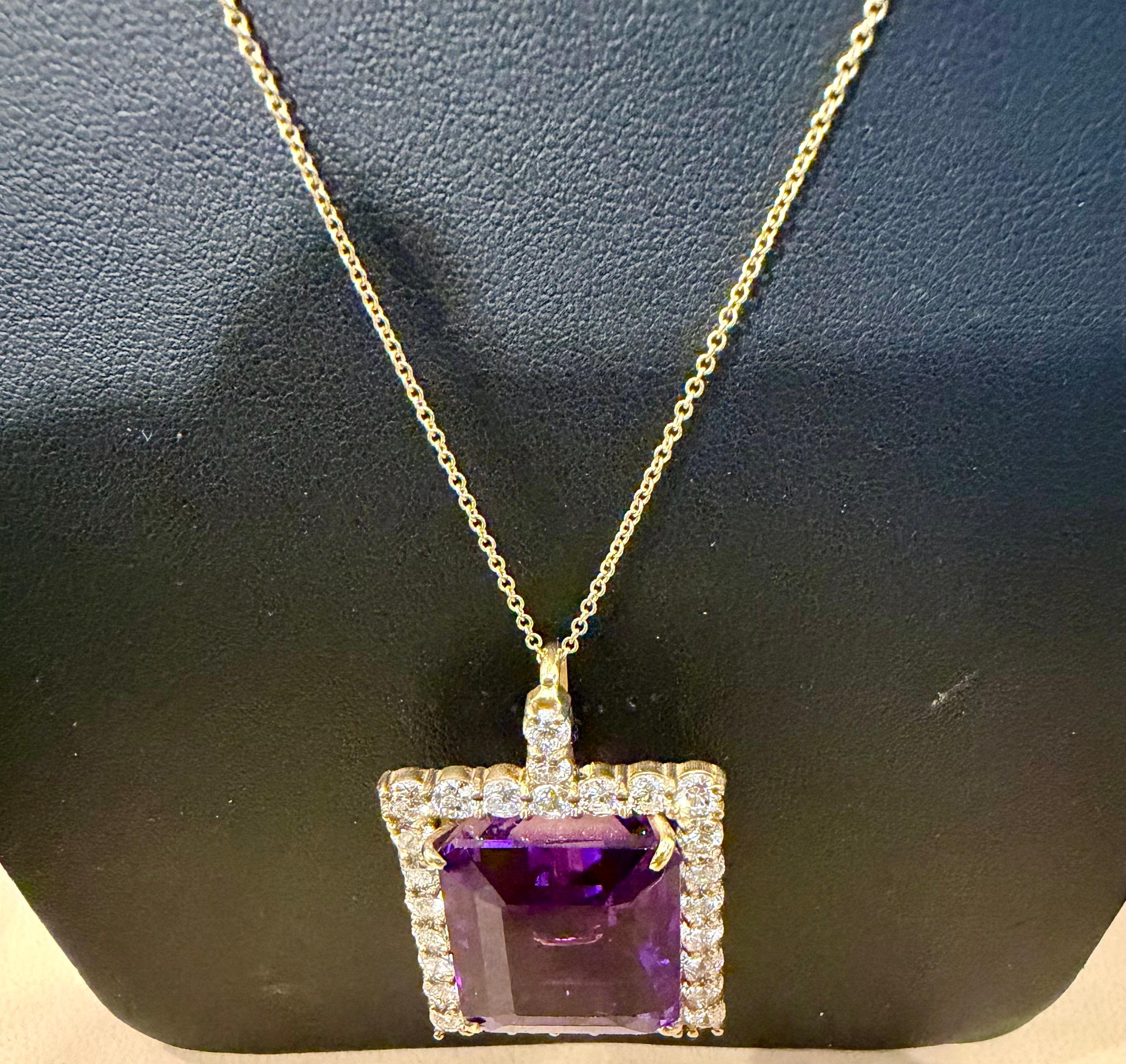 58 Ct Emerald Cut  Collier pendentif améthyste et diamant 7 ct or 14KY + chaîne en vente 7