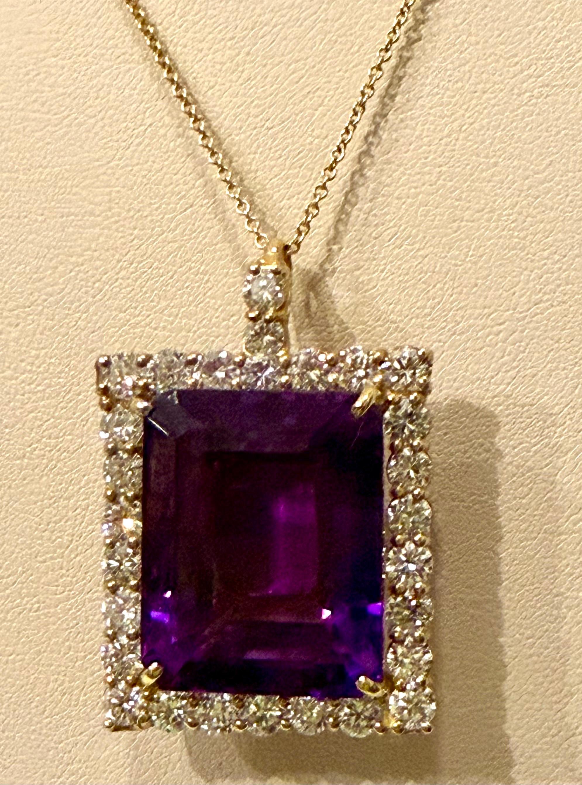 58 Ct Emerald Cut  Collier pendentif améthyste et diamant 7 ct or 14KY + chaîne en vente 8