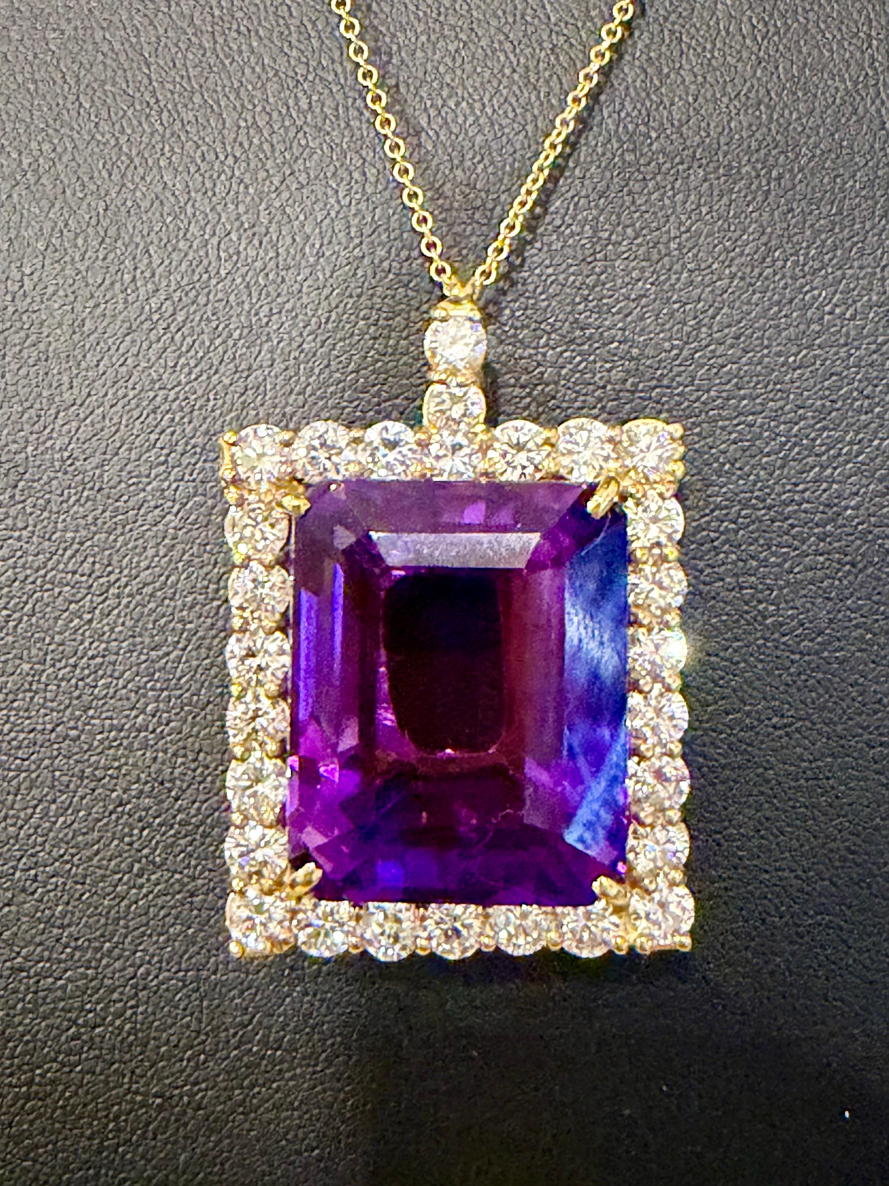 58 Ct Emerald Cut  Collier pendentif améthyste et diamant 7 ct or 14KY + chaîne en vente 10