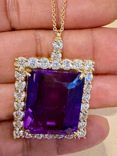 58 Ct Emerald Cut  Amethyst & 7 Ct Diamond Pendant Necklace 14KY Gold + Chain