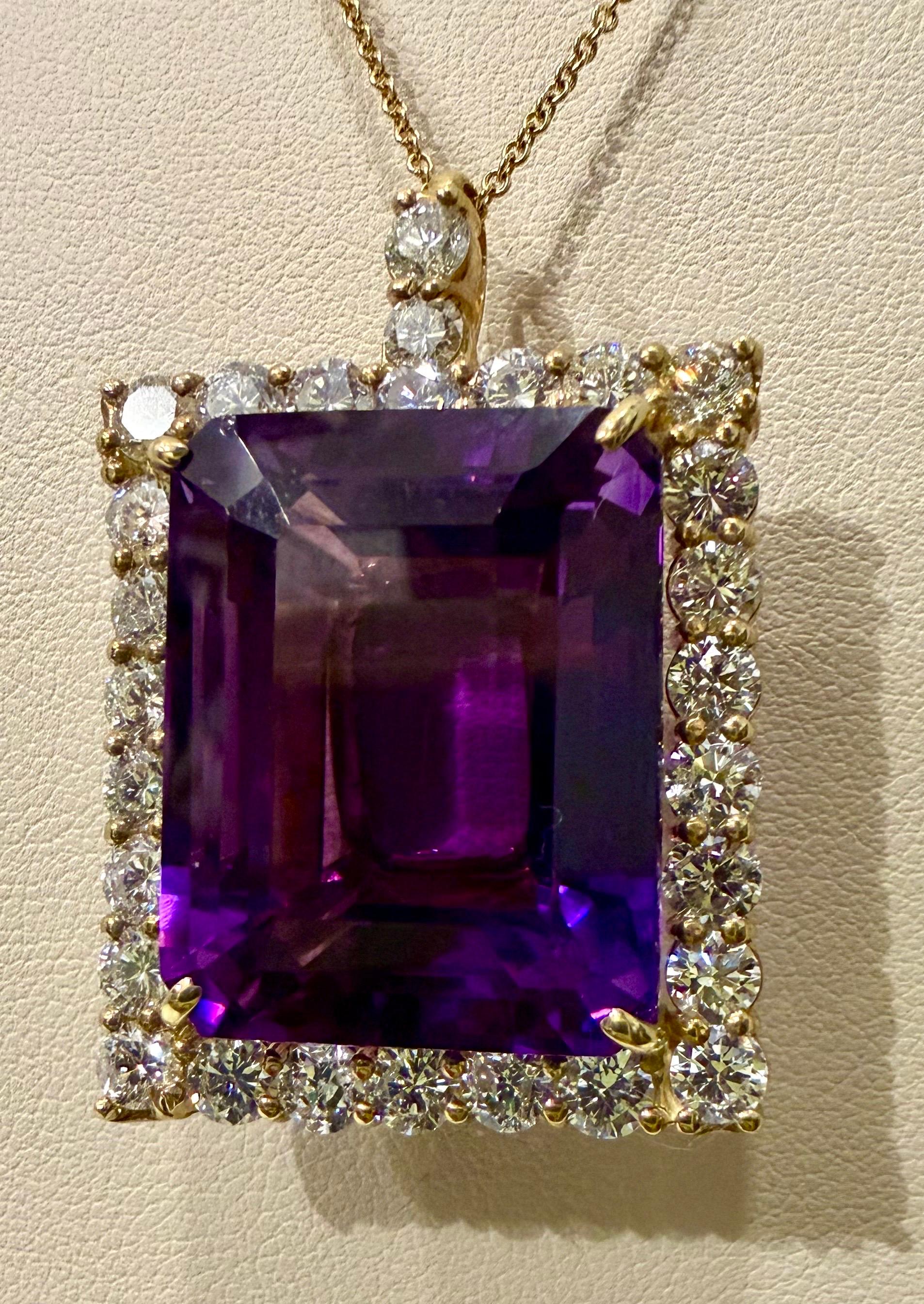 58 Ct Emerald Cut  Collier pendentif améthyste et diamant 7 ct or 14KY + chaîne Pour femmes en vente