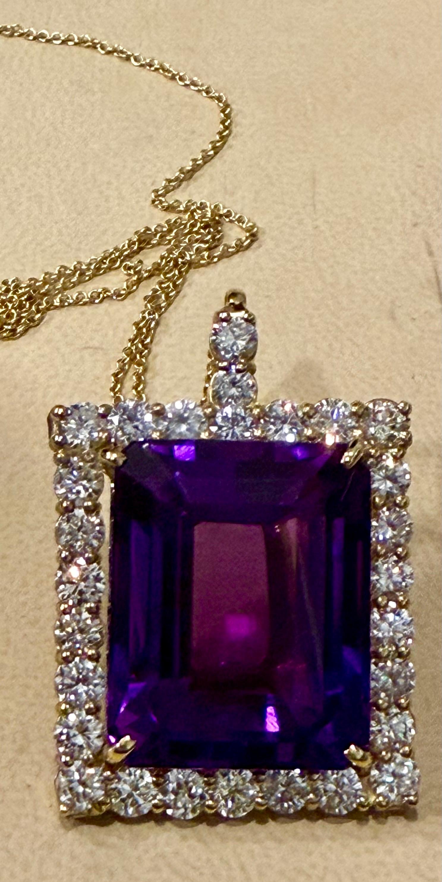 58 Ct Emerald Cut  Collier pendentif améthyste et diamant 7 ct or 14KY + chaîne en vente 2