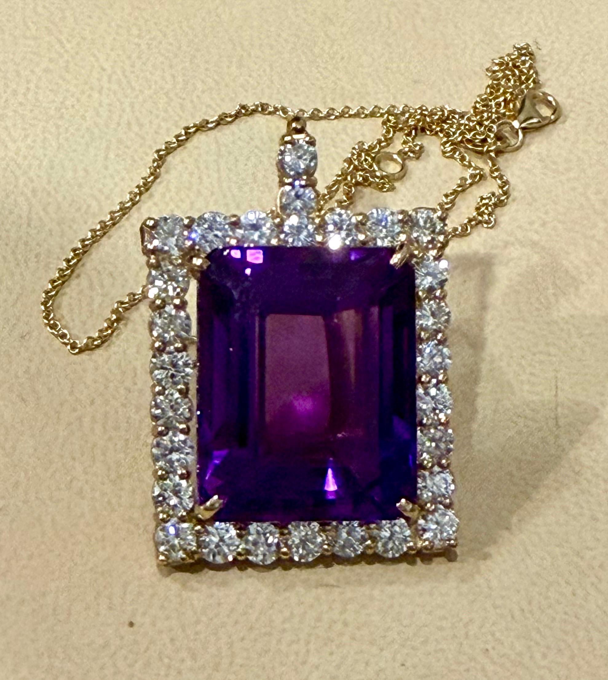 58 Ct Emerald Cut  Collier pendentif améthyste et diamant 7 ct or 14KY + chaîne en vente 3