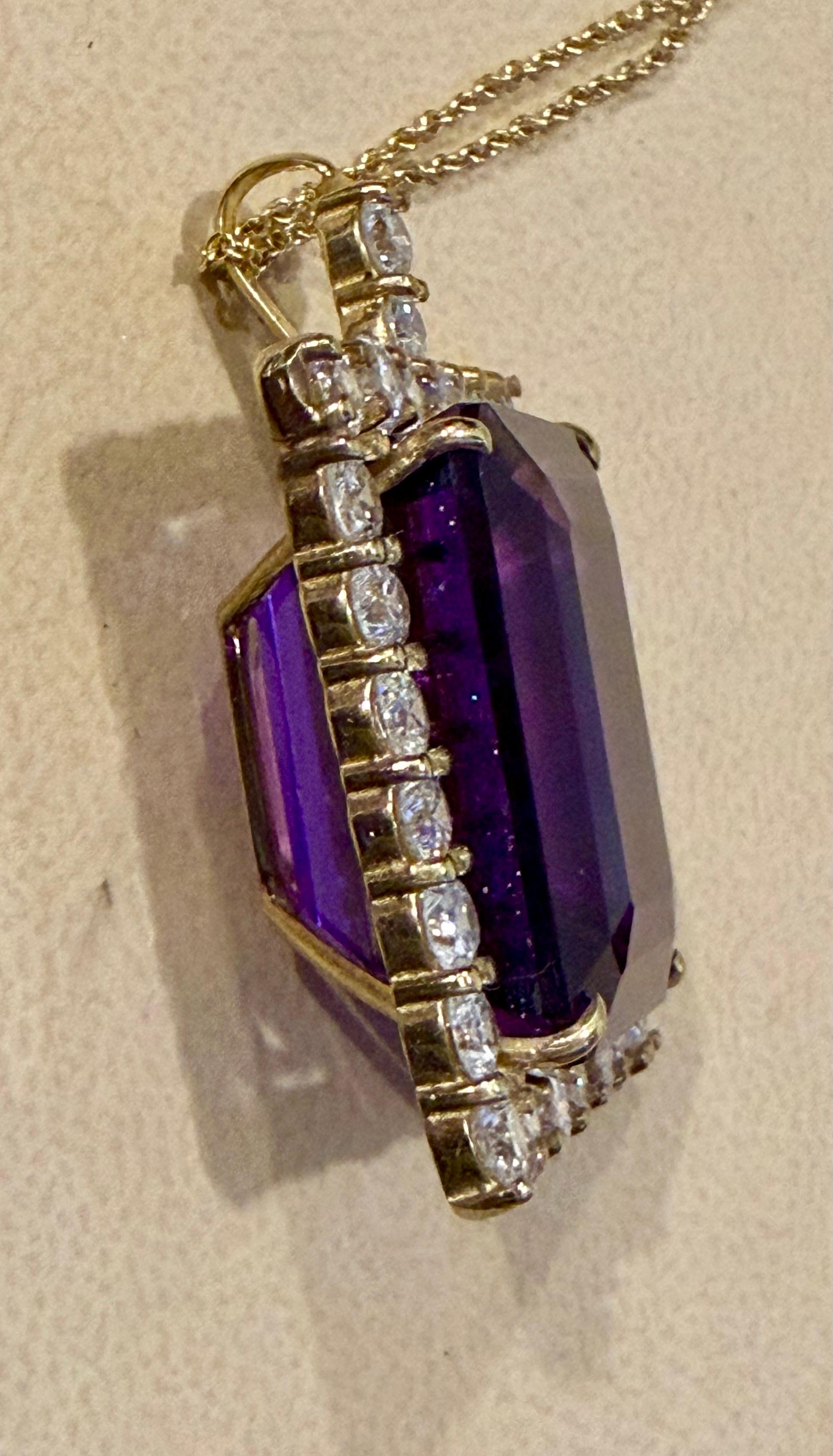 58 Ct Emerald Cut  Collier pendentif améthyste et diamant 7 ct or 14KY + chaîne en vente 4
