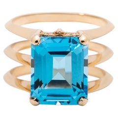 5.8 Carat Emerald Cut Blue Topaz 14K Yellow Gold Triple Band Ring