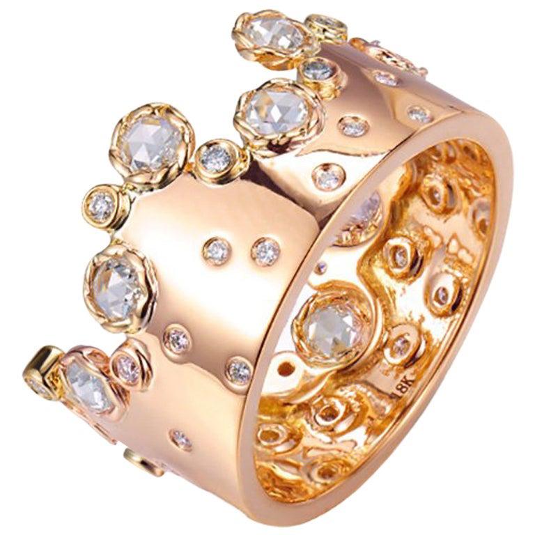 For Sale:  5.8 Gram 0.843 Carat 14 Karat Rose Gold Rose Cut Diamond Crown Ring, in-Stock