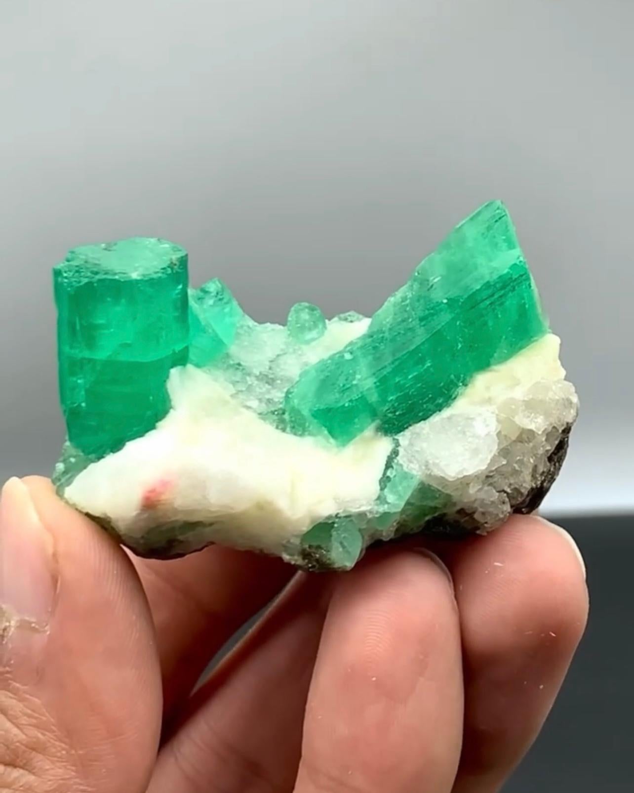Pakistani 58 Grams Vibrant Green Emerald Crystals On Calcite Matrix From Pakistan For Sale