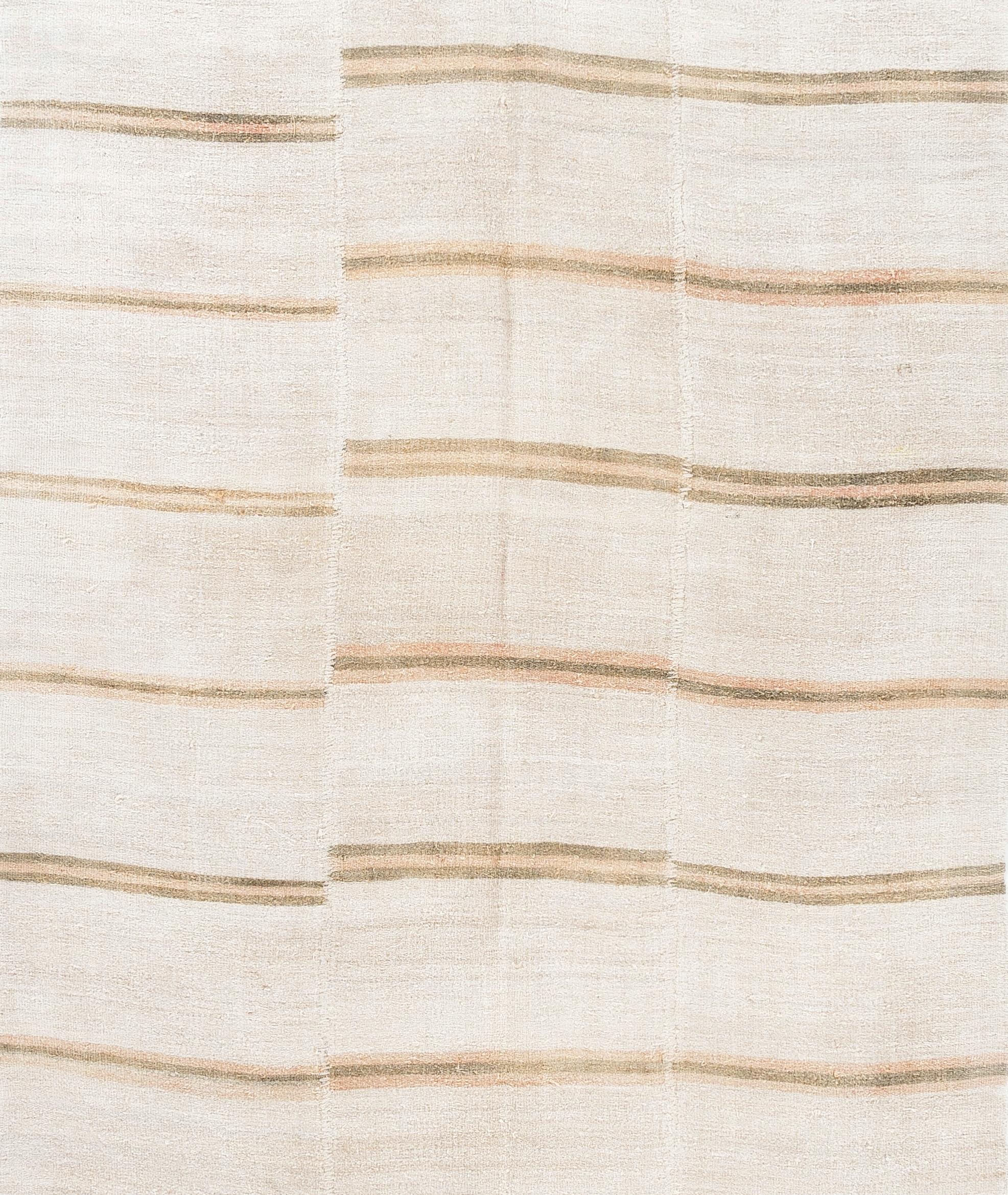 Hand-Woven 5.8x12.4 Ft Vintage Handwoven Striped Kilim Made of Hemp Flatweave Rug in Ivory For Sale