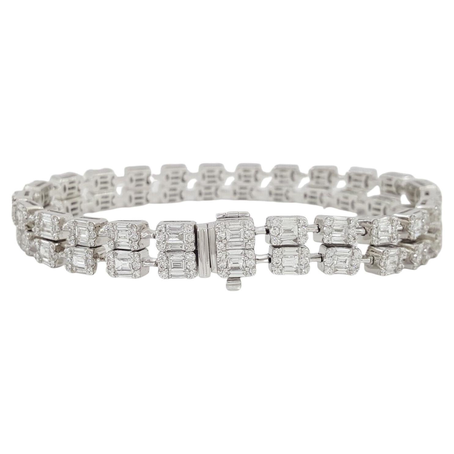Modern 5.80 Carat Baguette and Round Brilliant Cut Double Row Tennis Bracelet 18 Carats For Sale