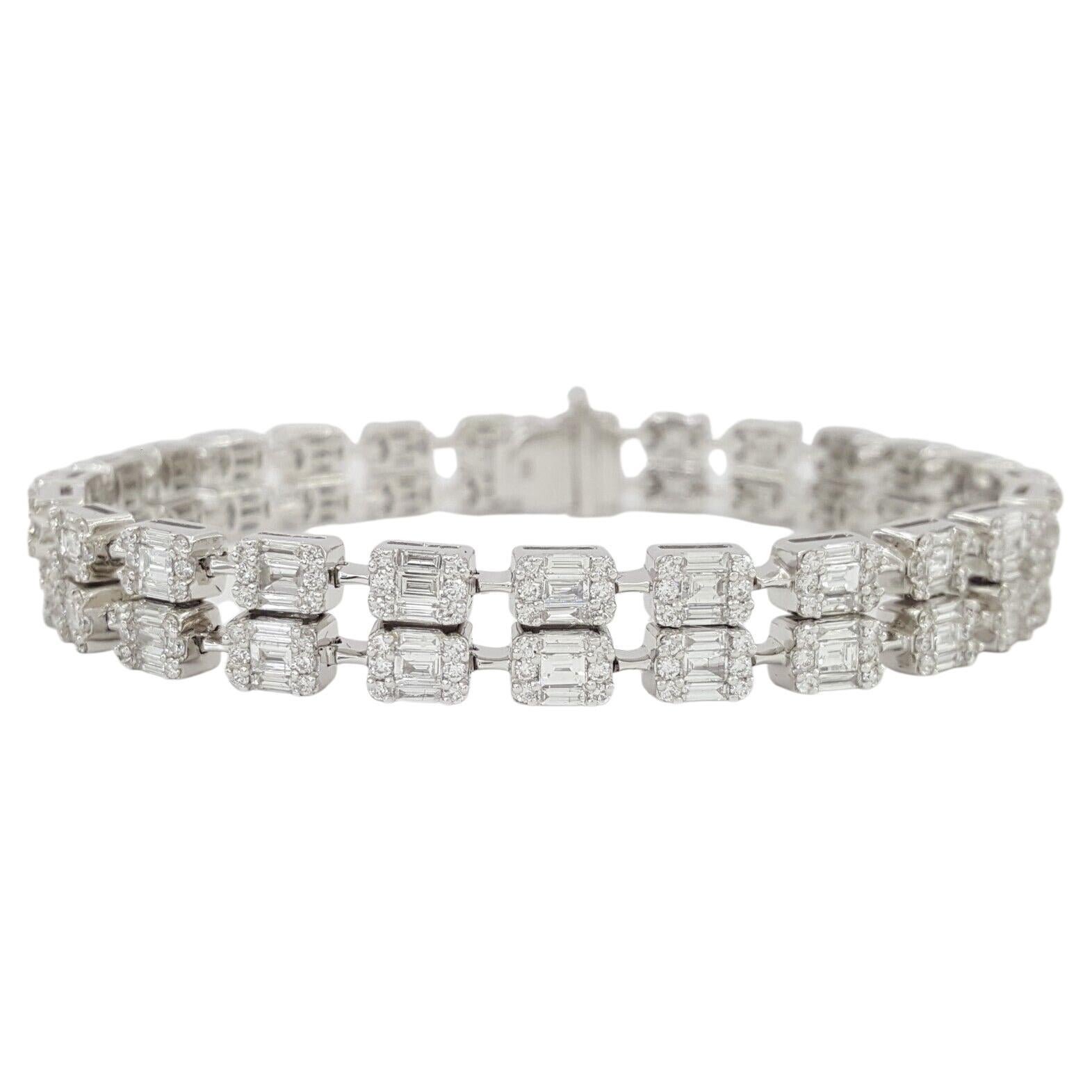 Pulsera de tenis de doble fila de talla brillante redonda y baguette de 5,80 quilates 18 quilates en venta