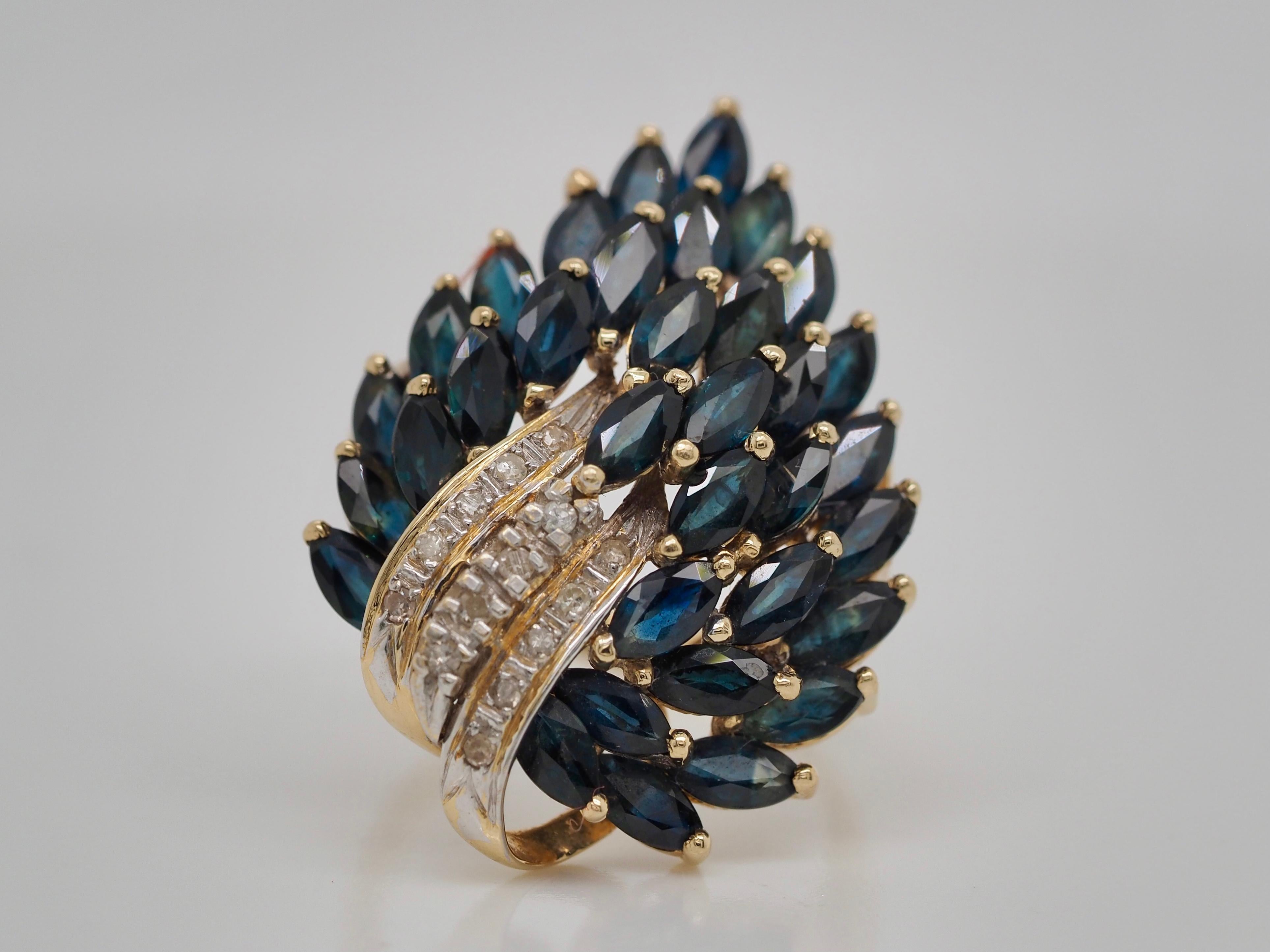 Marquise Cut 5.80 Carat Blue Sapphire and Diamond VintageCocktail Peacock Ring in Yellow Gold For Sale