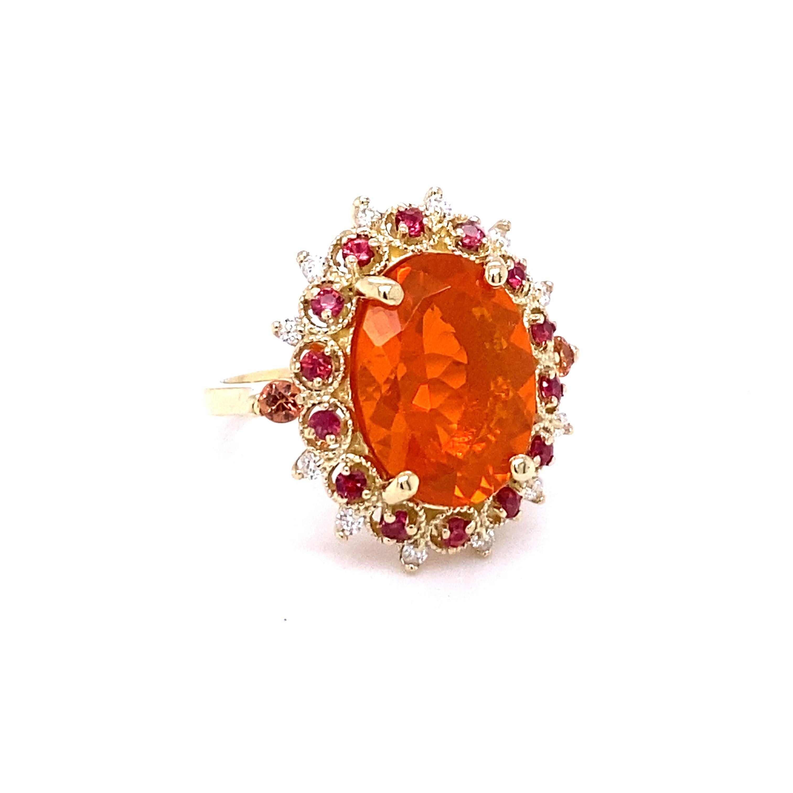 Contemporary 5.80 Carat Fire Opal Diamond 14K Yellow Gold Cluster Ring