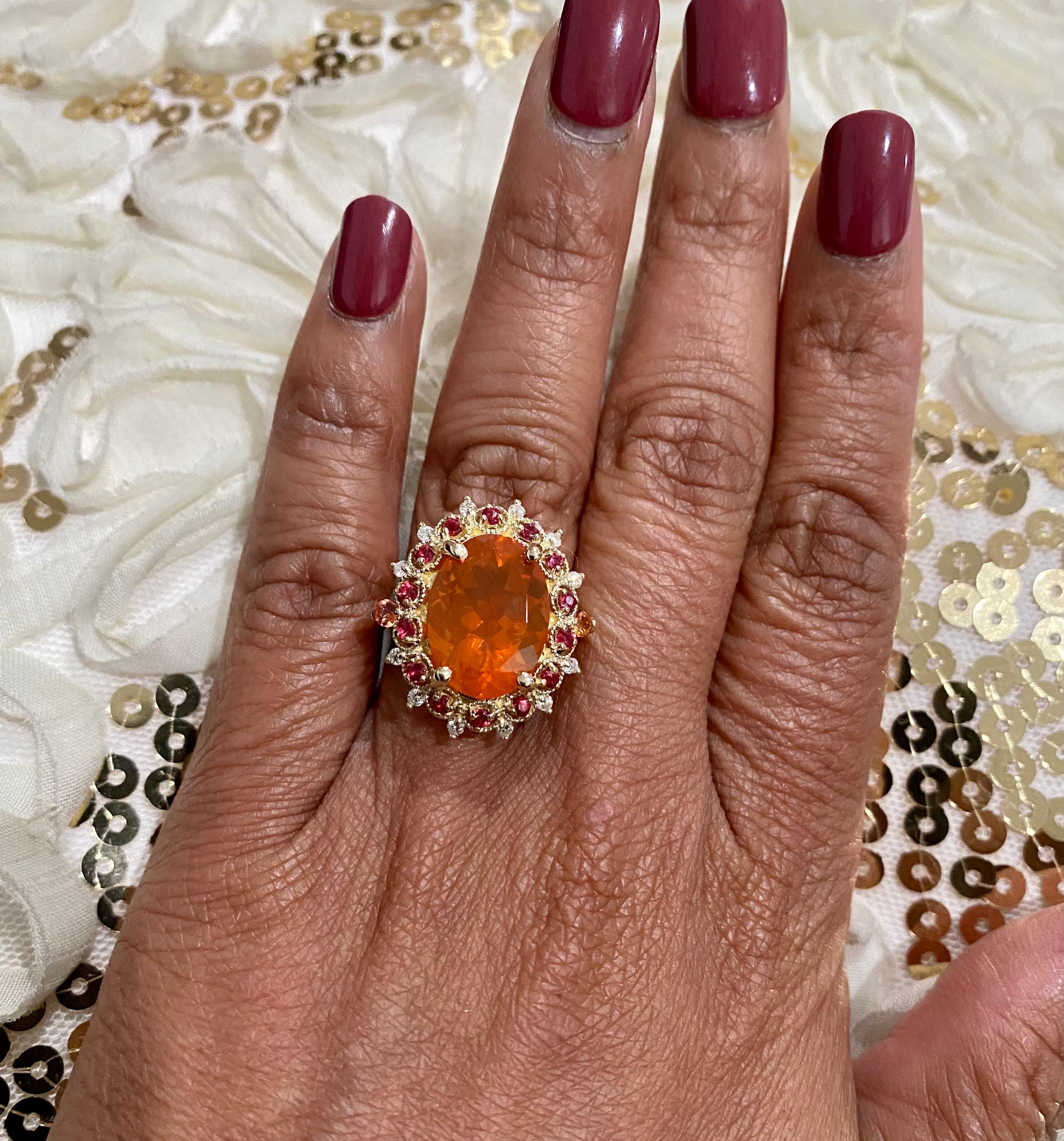 5.80 Carat Fire Opal Diamond 14K Yellow Gold Cluster Ring In New Condition In Los Angeles, CA