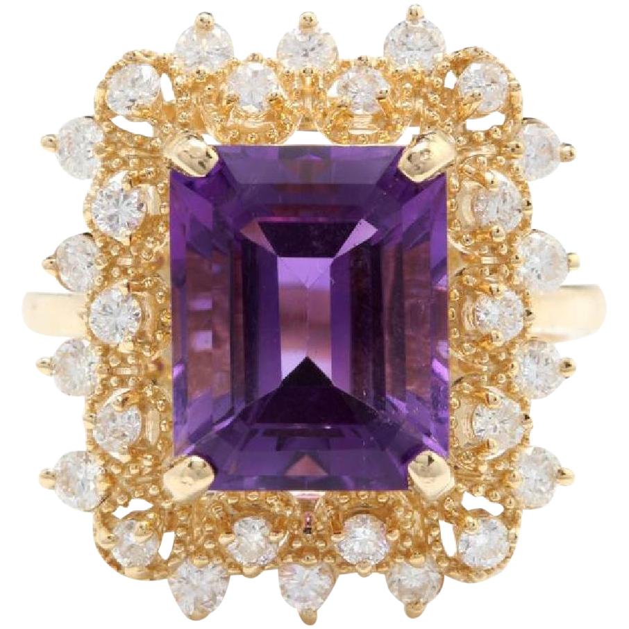 5.80 Carat Impressive Natural Amethyst and Diamond 14 Karat Solid Gold Ring For Sale