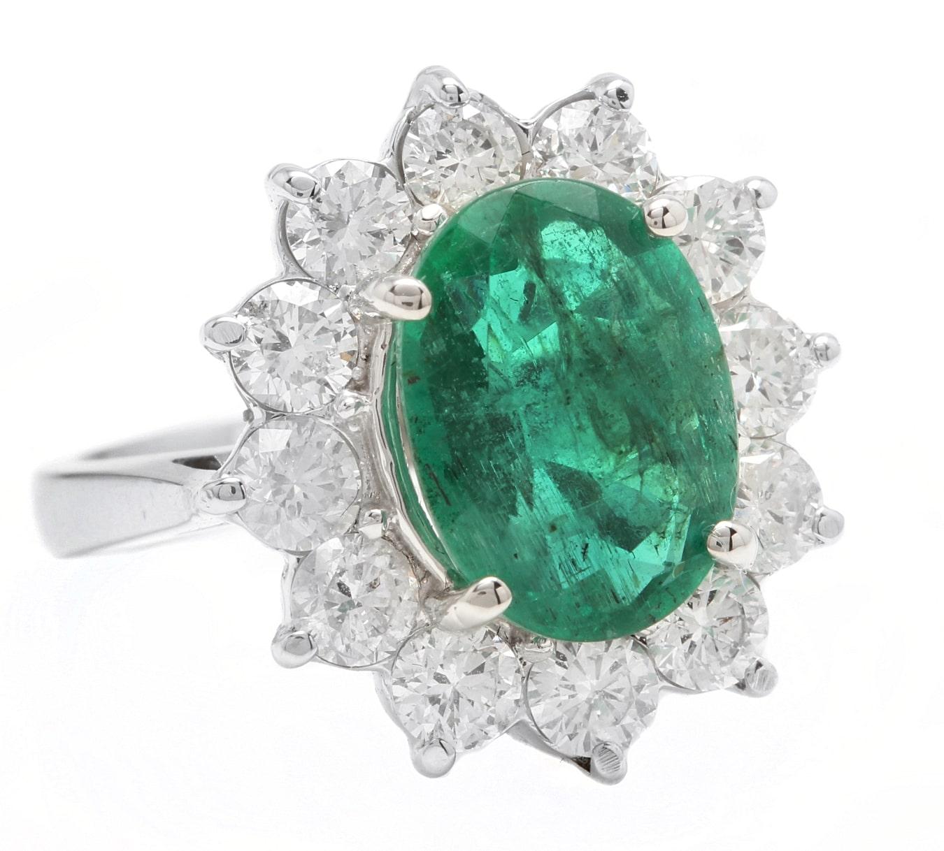 5.80 Carats Natural Emerald and Diamond 18K Solid White Gold Ring

Total Natural Green Emerald Weight is: Approx. 4.00 Carats (transparent)

Emerald Measures: 11 x 9mm

Natural Round Diamonds Weight: Approx. 1.80 Carats (color H / Clarity