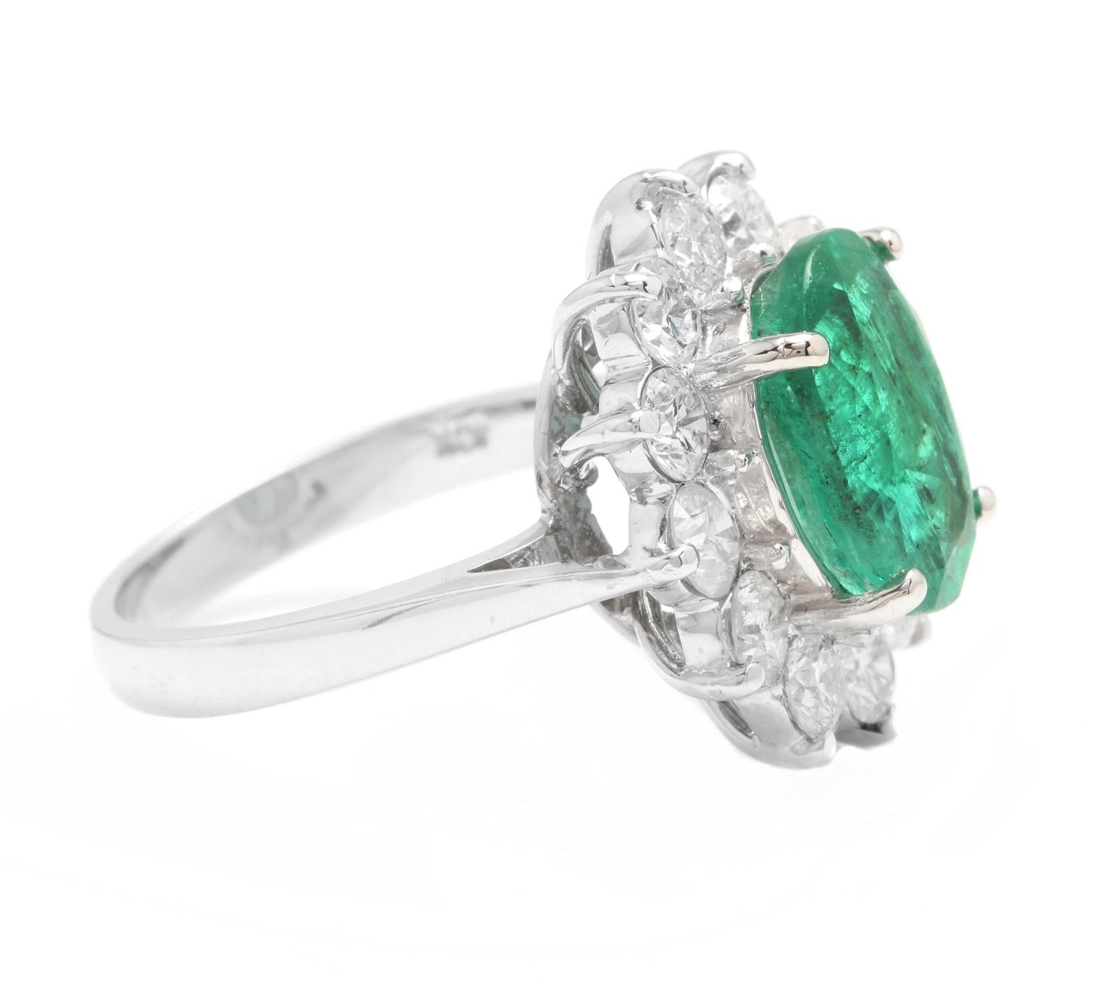 Emerald Cut 5.80 Carat Natural Emerald and Diamond 18 Karat Solid White Gold Ring For Sale