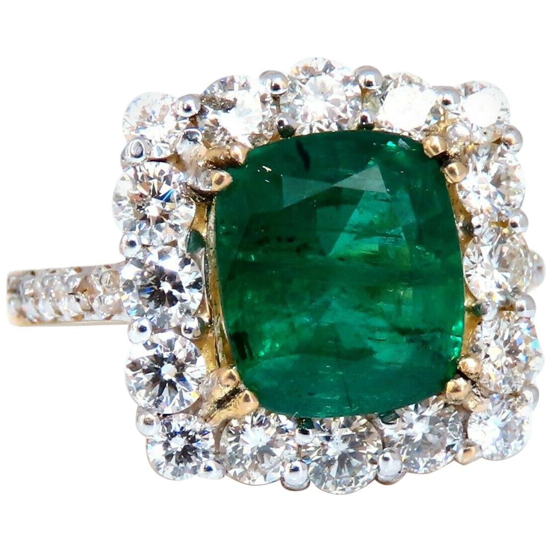 5.80 Carat Natural Emerald Diamonds Squared Halo Cluster Ring 14 Karat For Sale